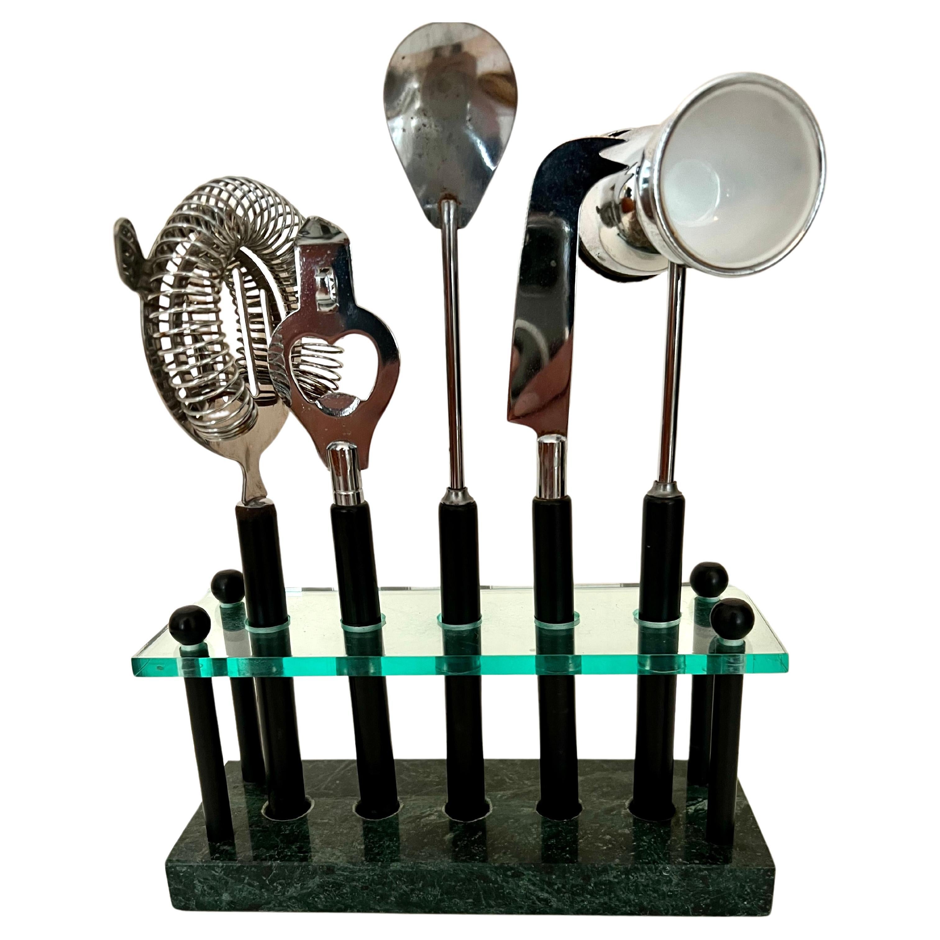 5 Piece Barware Set in a Customized Marble and Glass Stand For Sale