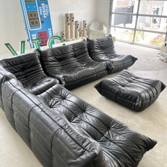 5 Piece Black Leather Togo Set by Ligne Roset, 1980s France