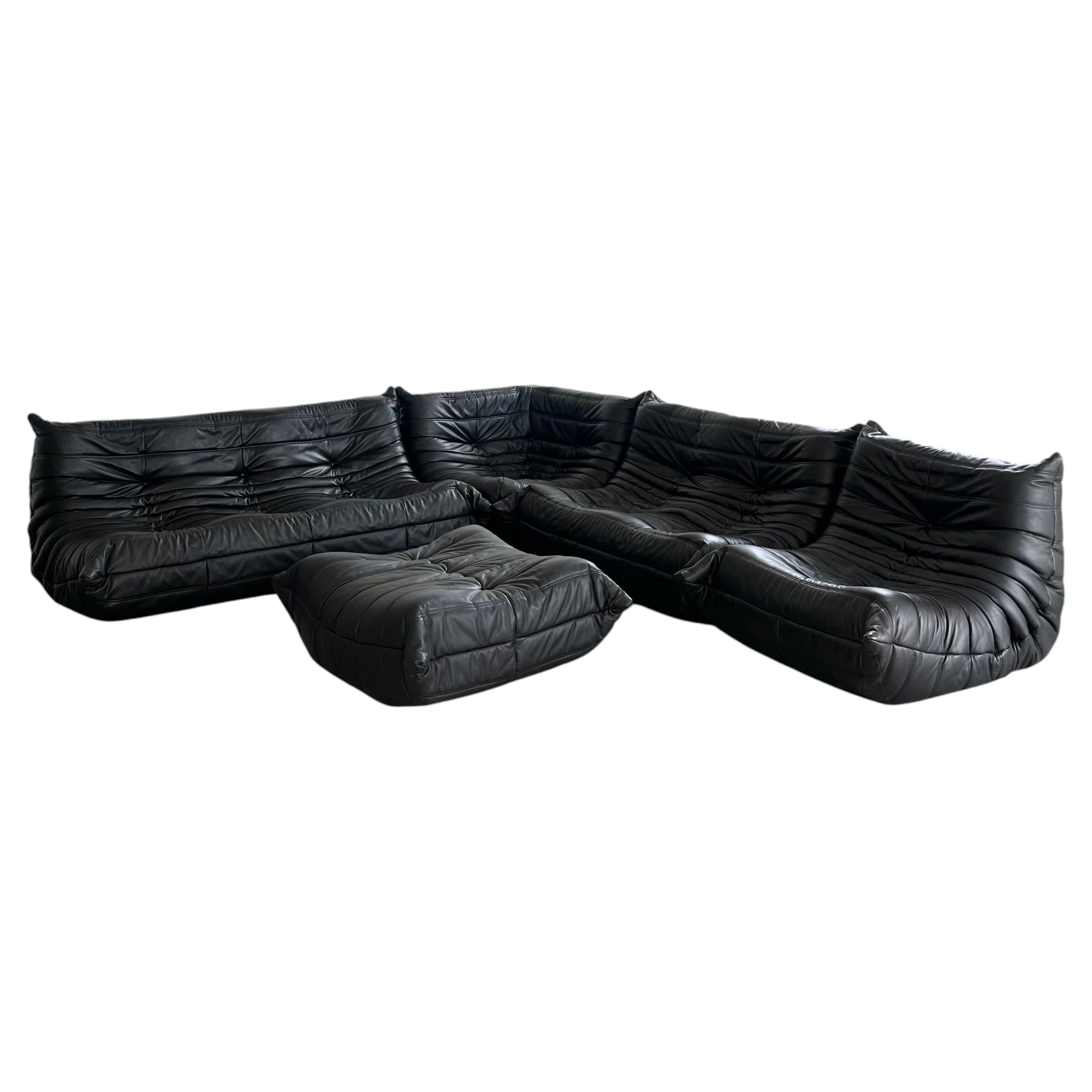 Conjunto «Togo» de 5 piezas en piel negra de Ligne Roset, Francia, década de los 80 en venta