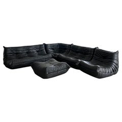 5 Piece Black Leather Togo Set by Ligne Roset, 1980s France