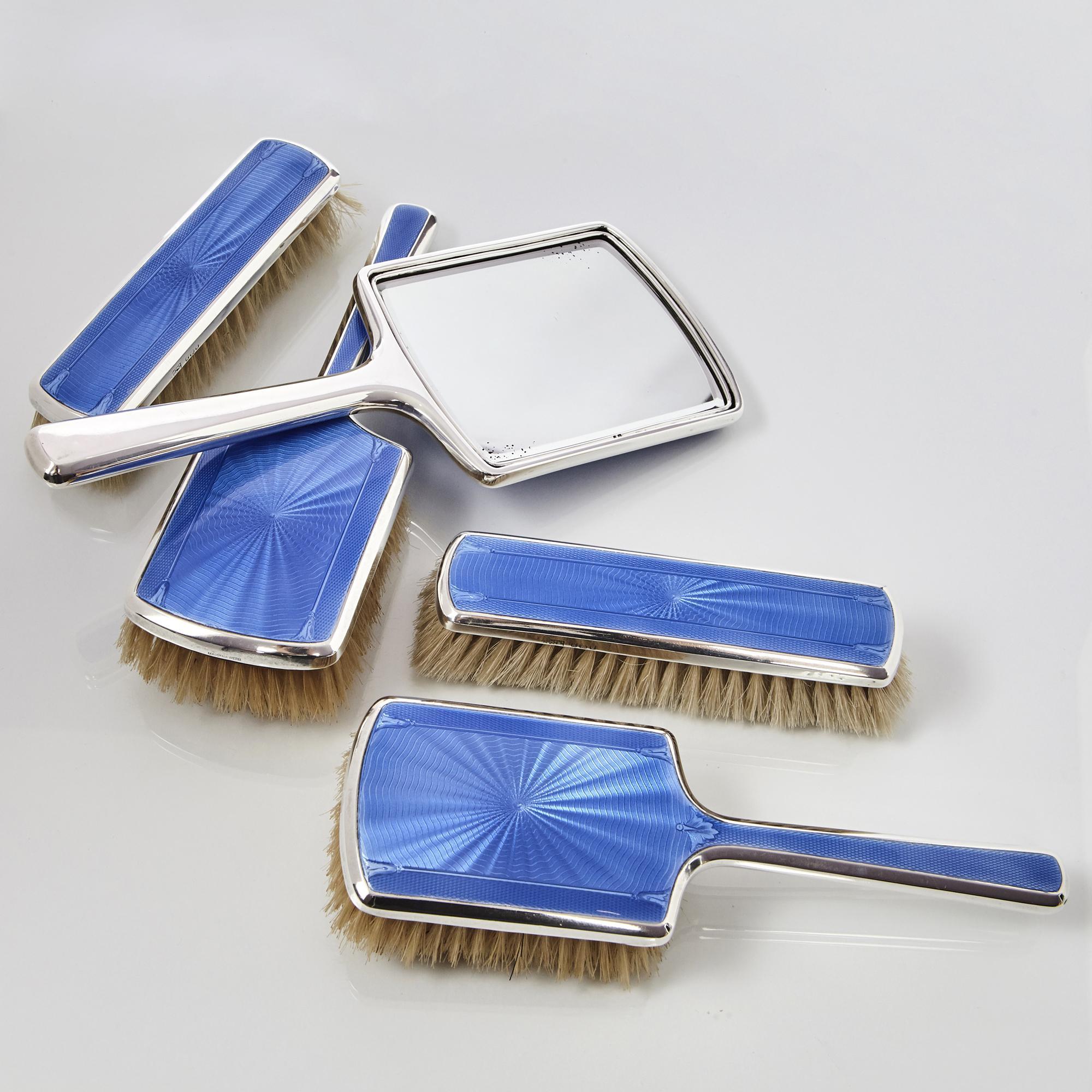 English 5-Piece Blue Enamel Mirror and Brush Set