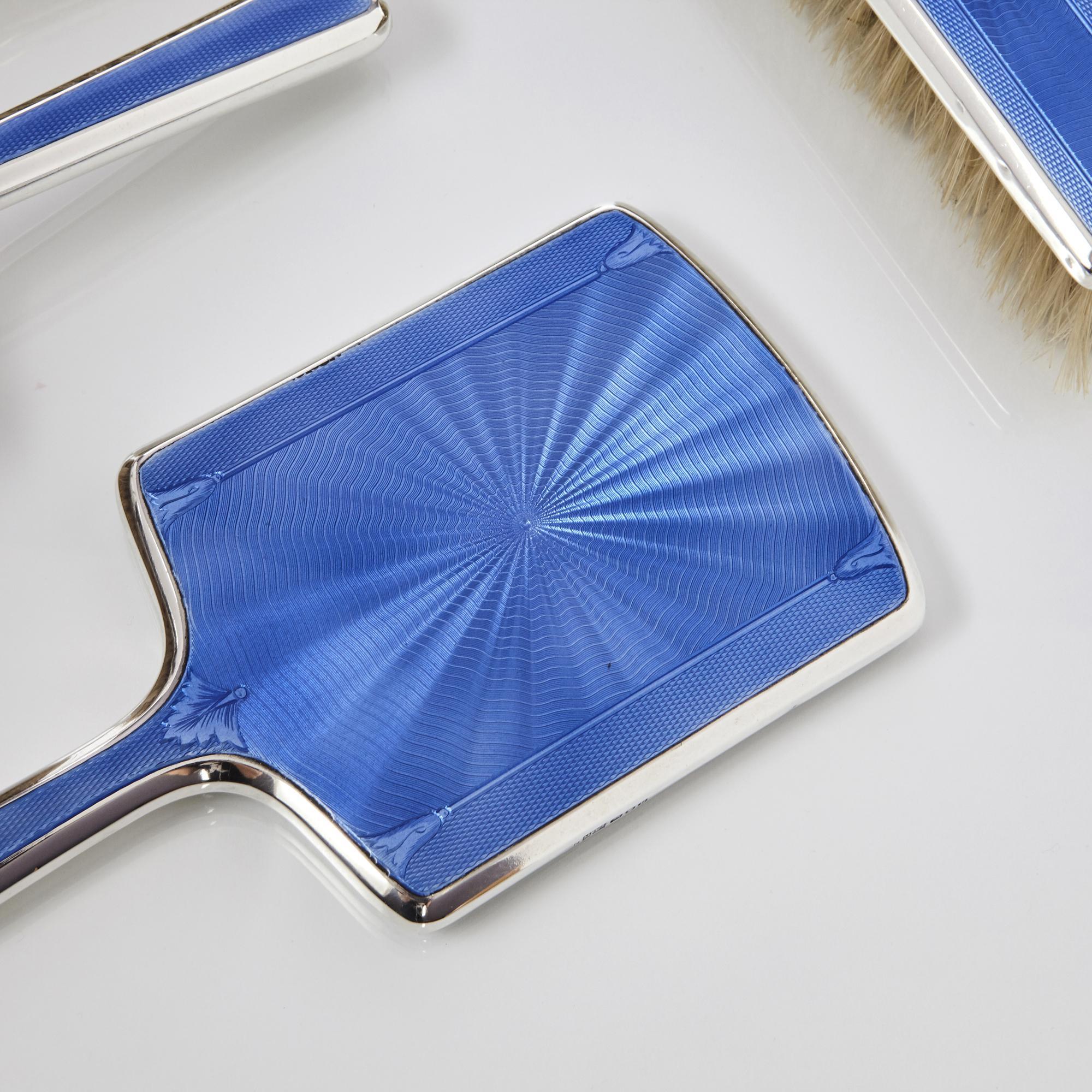 Mid-20th Century 5-Piece Blue Enamel Mirror and Brush Set