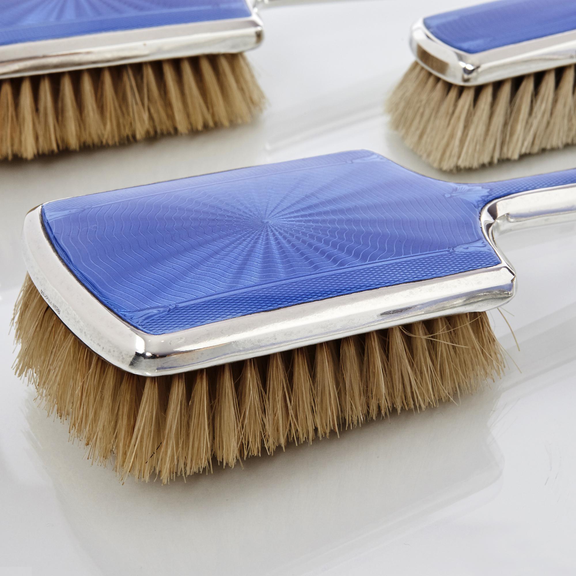 Sterling Silver 5-Piece Blue Enamel Mirror and Brush Set