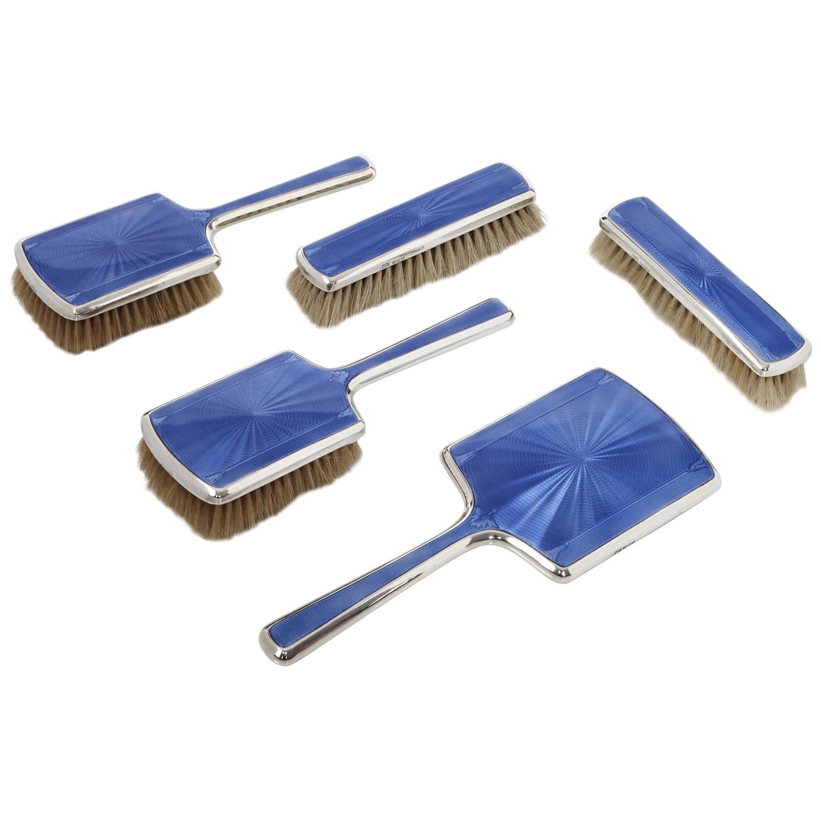 5-Piece Blue Enamel Mirror and Brush Set