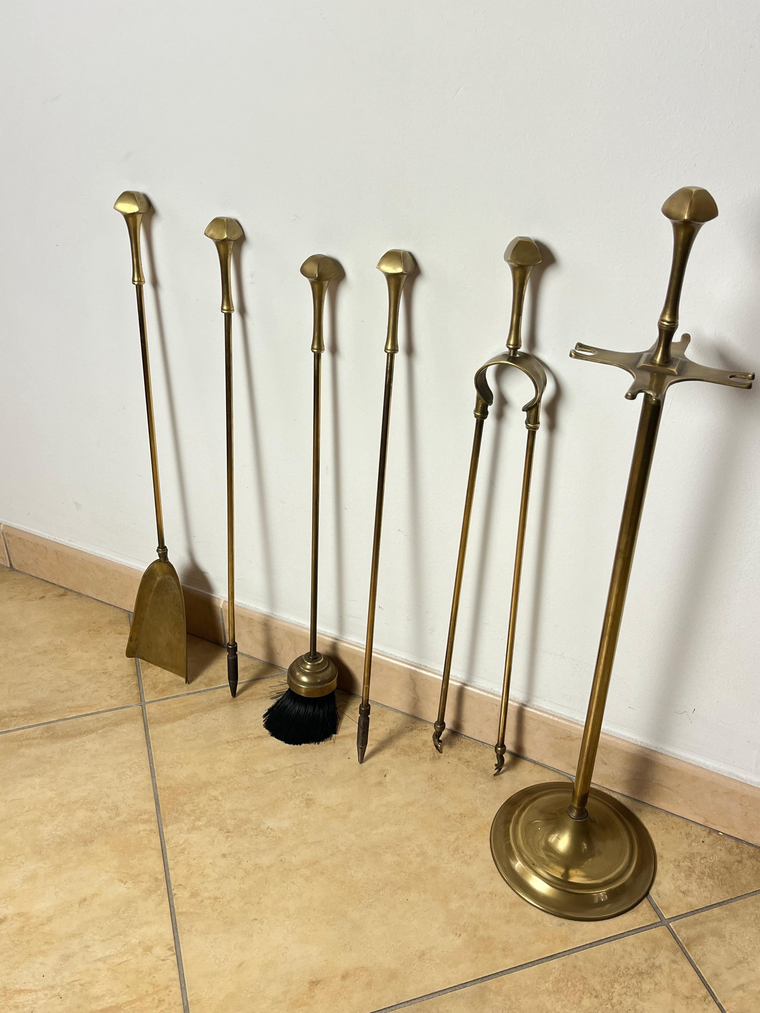 Italian 5-Piece Brass Fireplace Set and Brass Tool Holder, Italy, 1970s For Sale