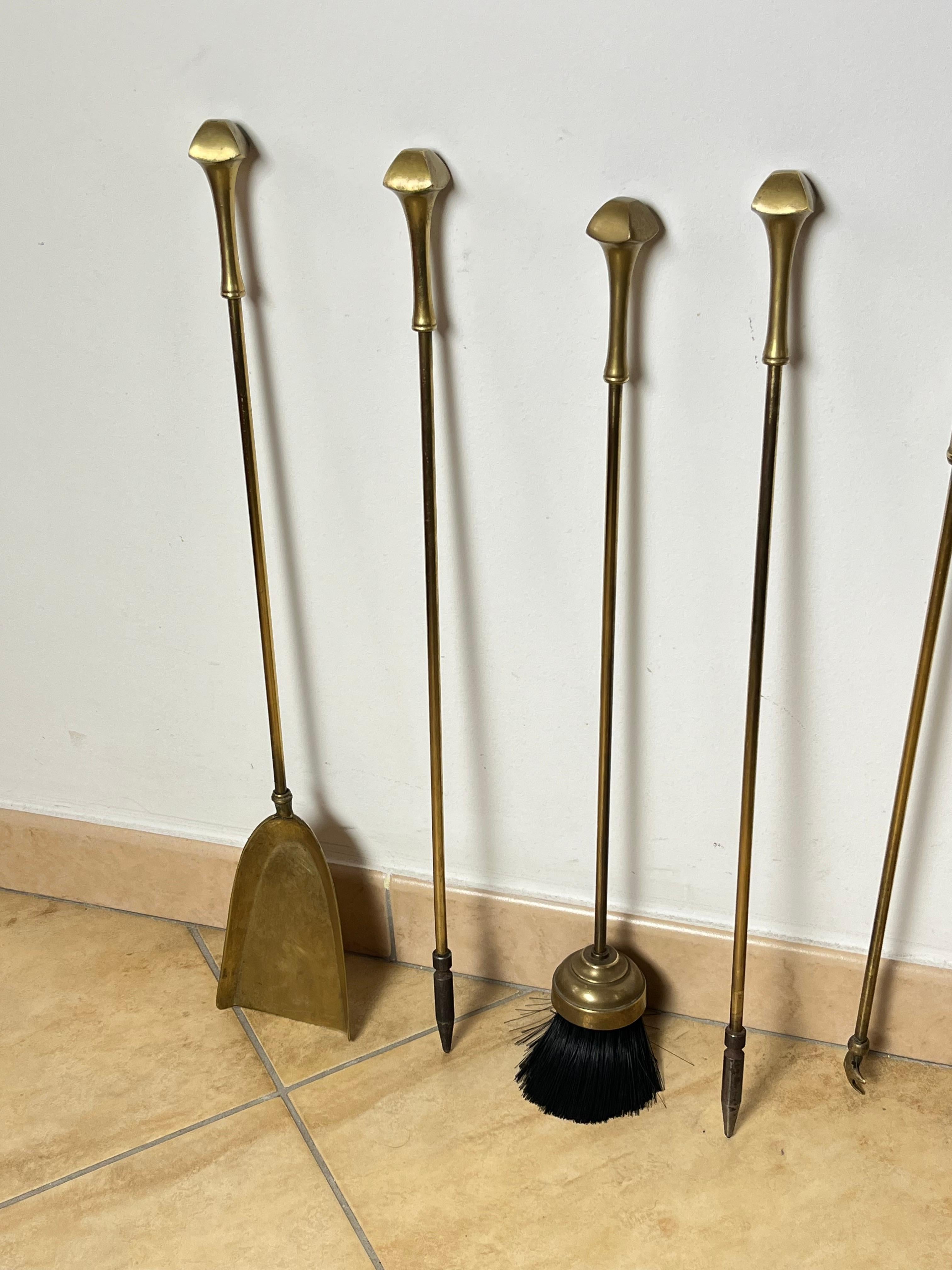 Other 5-Piece Brass Fireplace Set and Brass Tool Holder, Italy, 1970s For Sale