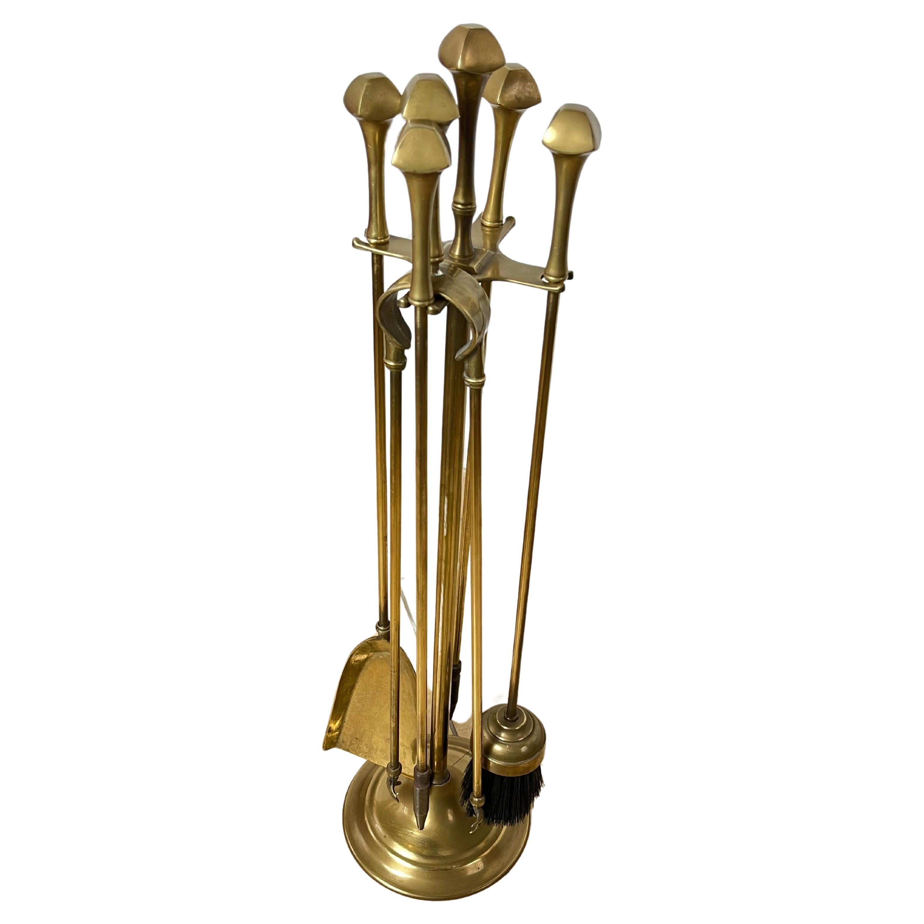 5-Piece Brass Fireplace Set and Brass Tool Holder, Italy, 1970s For Sale