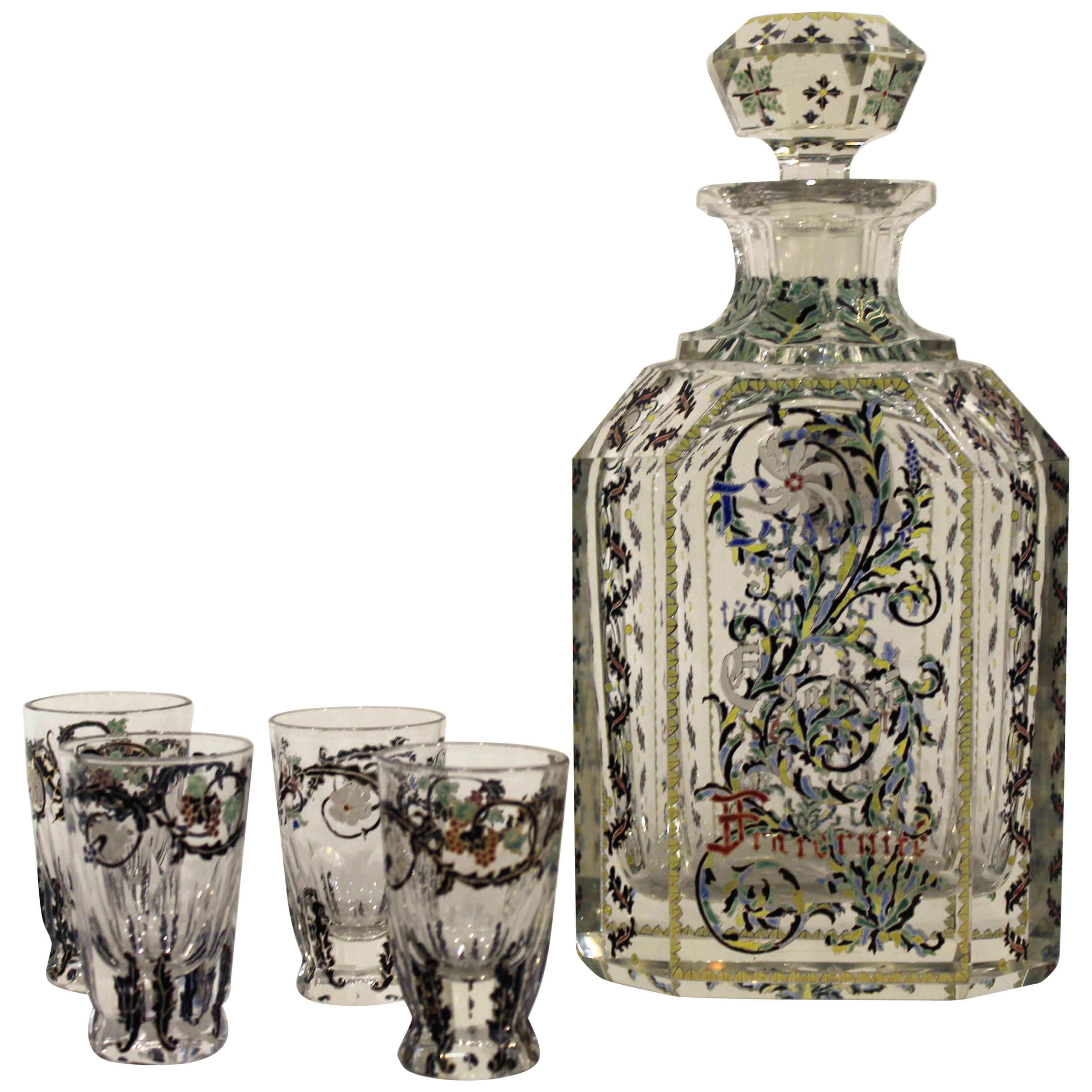 5 Piece French Art Glass and Enamel Decanter and Shot Glass Set For Sale
