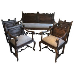 5-Piece Handsome Set of 4 French Antique Armchairs and Matching Settee Bench