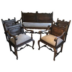 5-Piece Handsome Set of 4 French Antique Armchairs and Matching Settee Bench