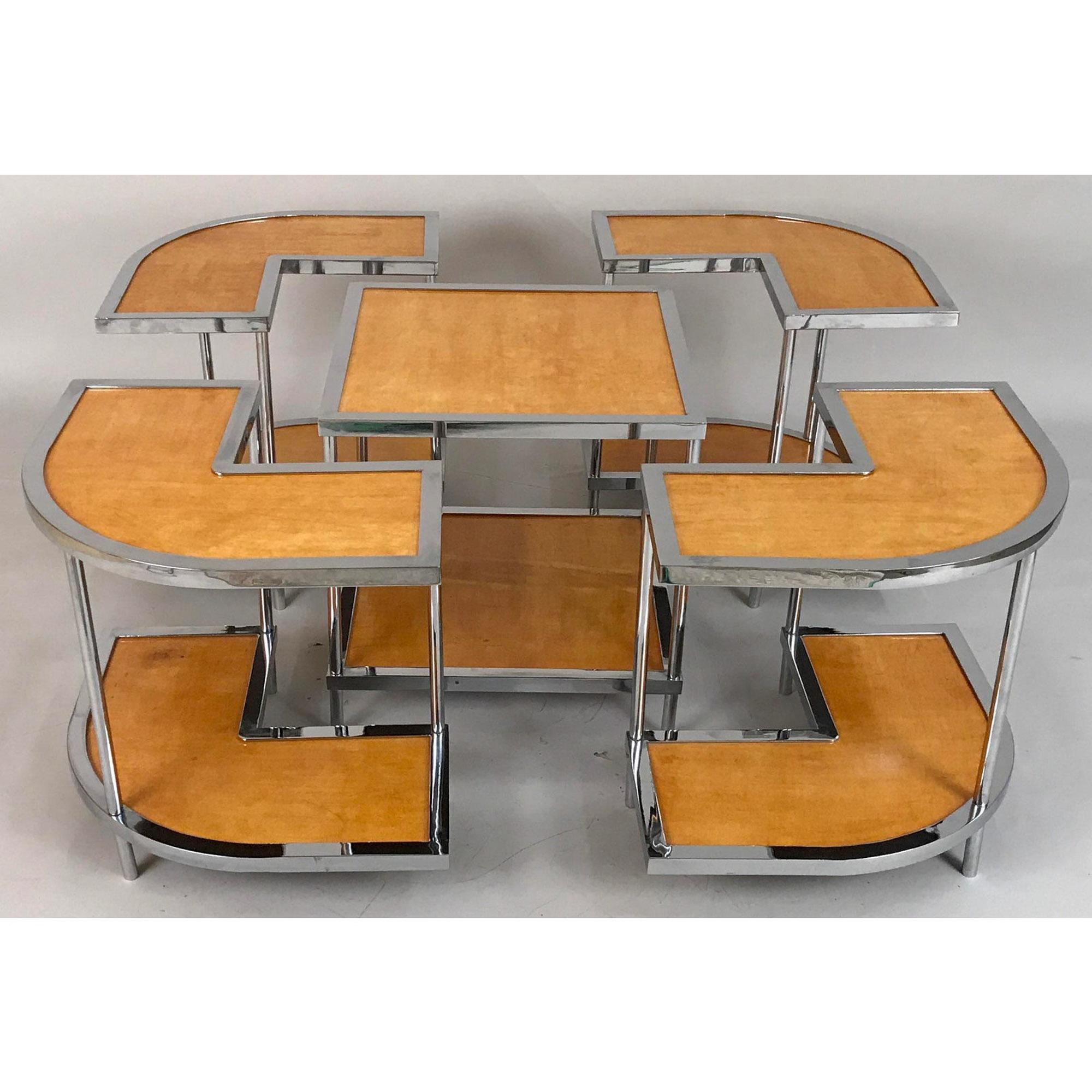 5teilige italienische Mid-Century-Modern-Stapeltische aus Pergament und Chrom (Italienisch) im Angebot