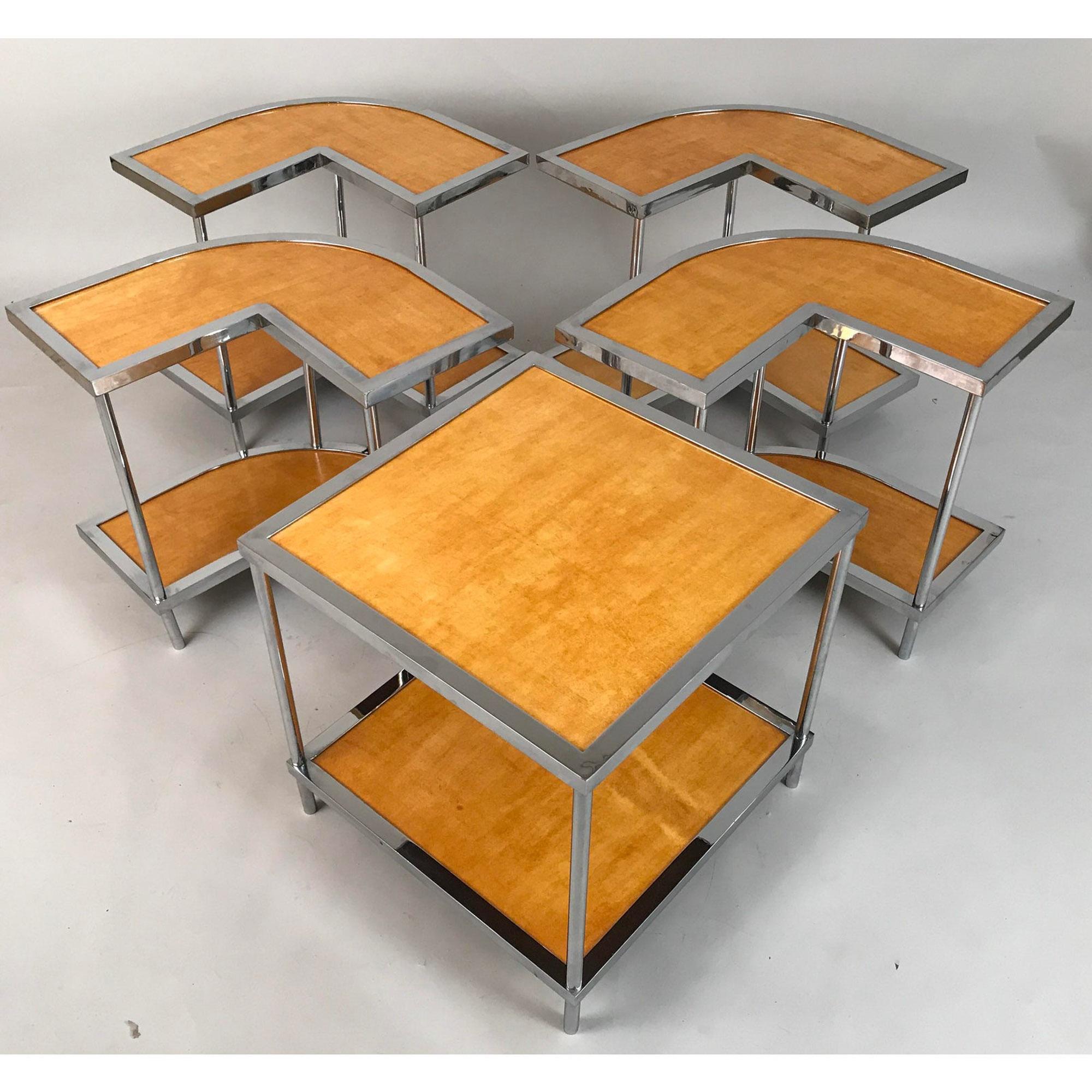 5teilige italienische Mid-Century-Modern-Stapeltische aus Pergament und Chrom (Handgefertigt) im Angebot