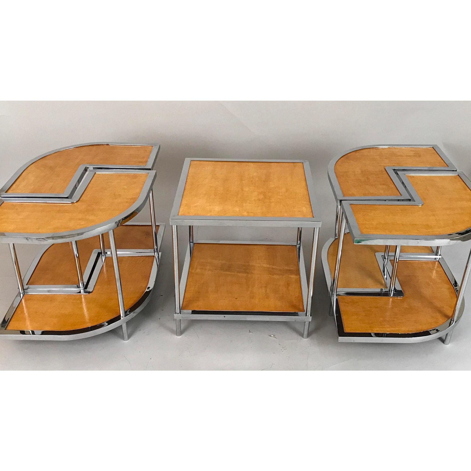 5teilige italienische Mid-Century-Modern-Stapeltische aus Pergament und Chrom (20. Jahrhundert) im Angebot