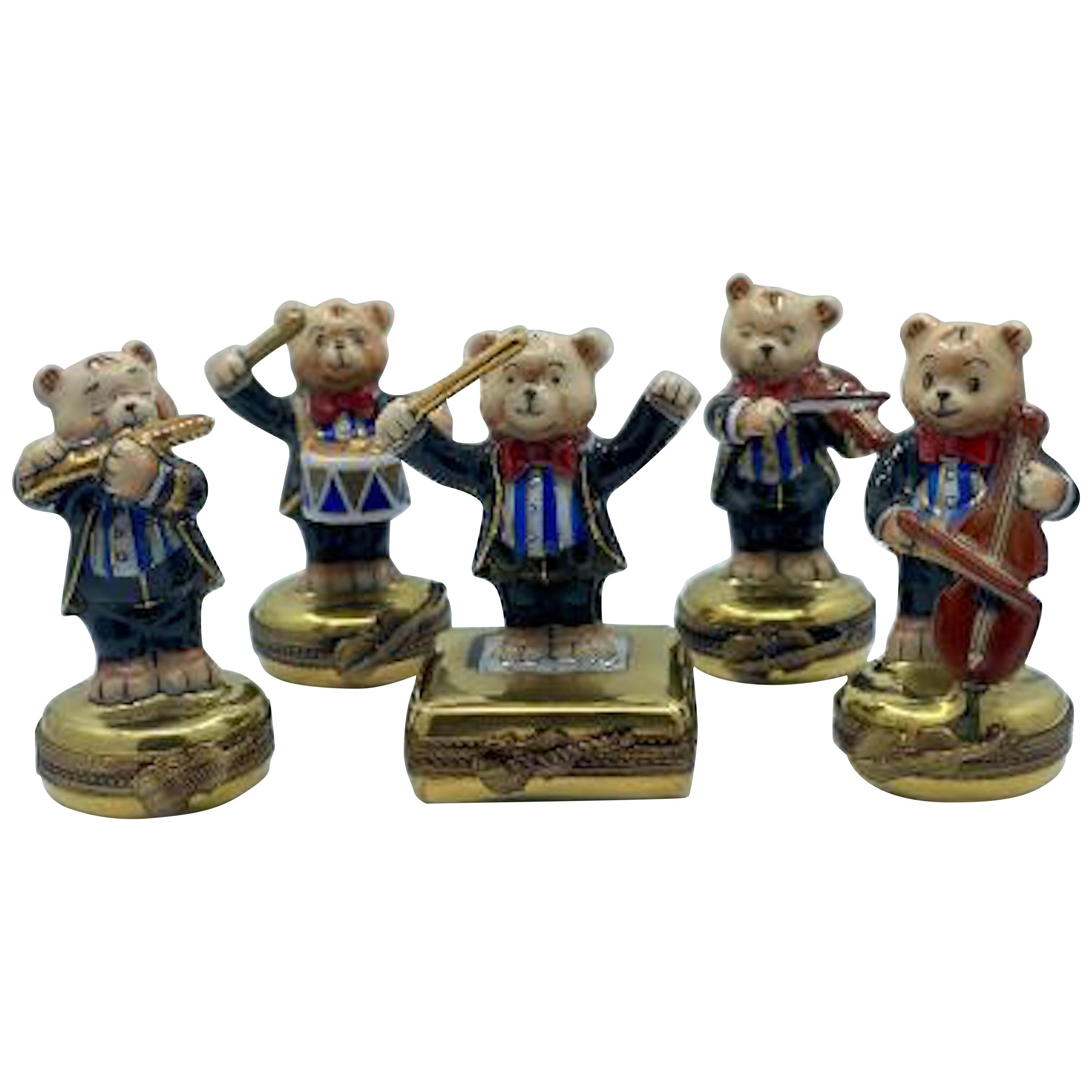 5 Piece Limoges France 24K Gold Porcelain Teddy Bear Orchestra Trinket Box Set