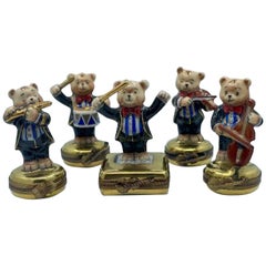 Vintage 5 Piece Limoges France 24K Gold Porcelain Teddy Bear Orchestra Trinket Box Set