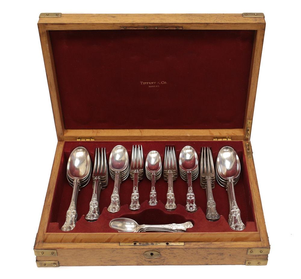Late 19th Century 5-Piece Service for 12 Tiffany & Co. Sterling Silver Flatware in English King For Sale