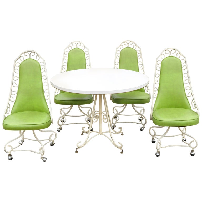 5 Piece Vintage Green Vinyl Wrought Iron Mid Century 