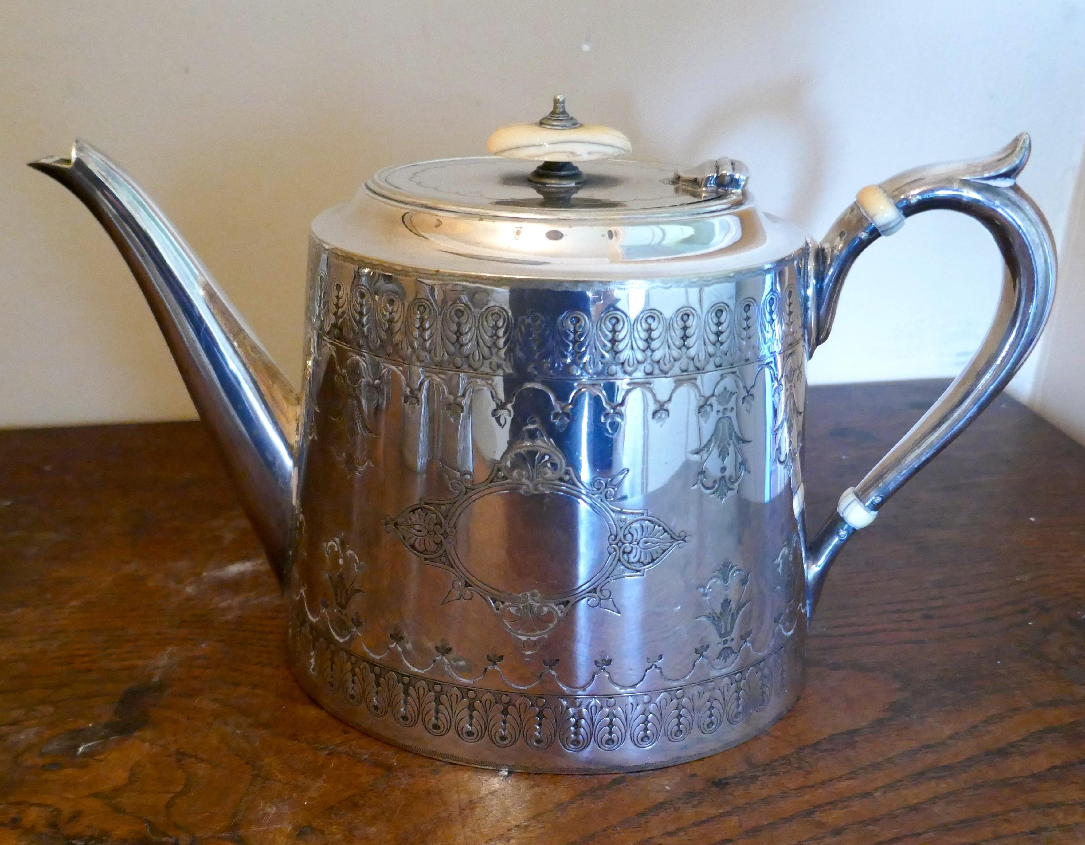 5 pieces of Victorian silver plated tea ware by John Rond and George Wish.

John Round and Sons 3-piece silver plated tea set
A very stylish three-piece tea service made from English EPNS
The set is lovely quality in an oval form, the teapot