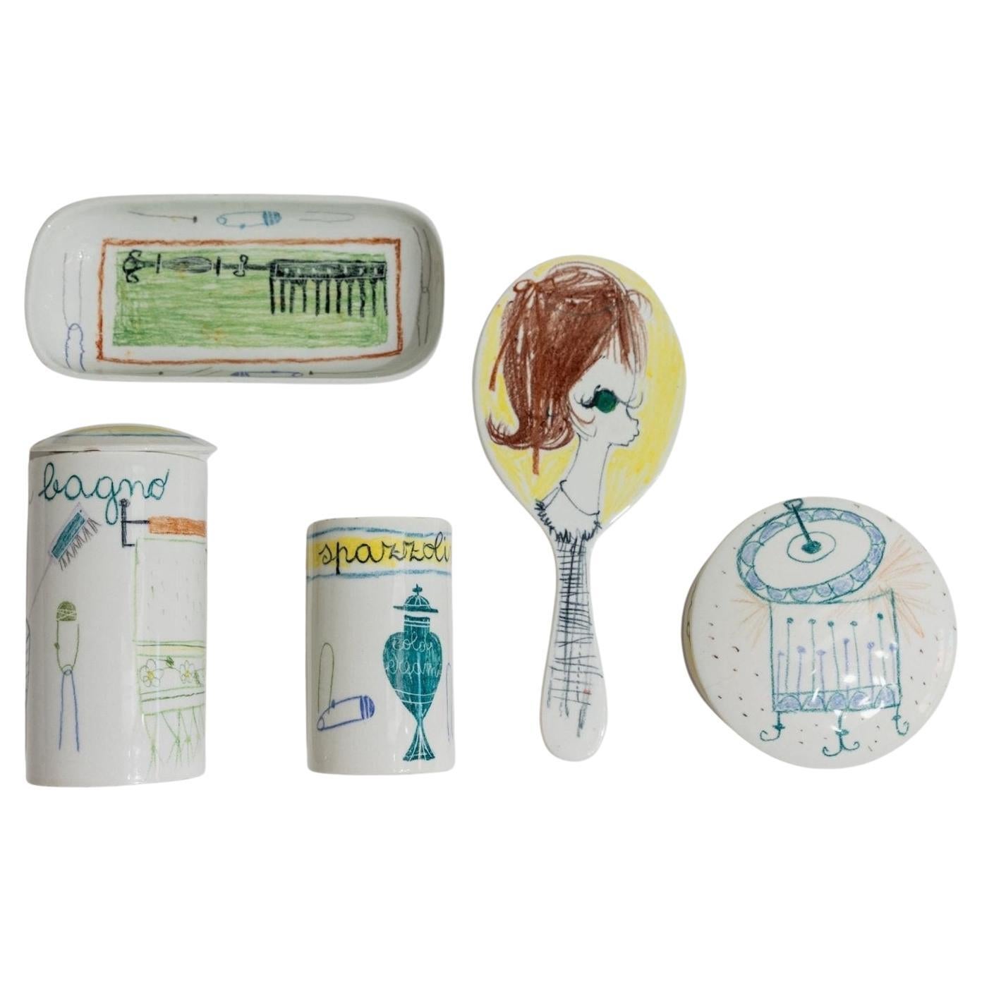 5 pezzi di set da bagno in ceramica vintage dipinti a mano, Italia, anni 
60 in vendita