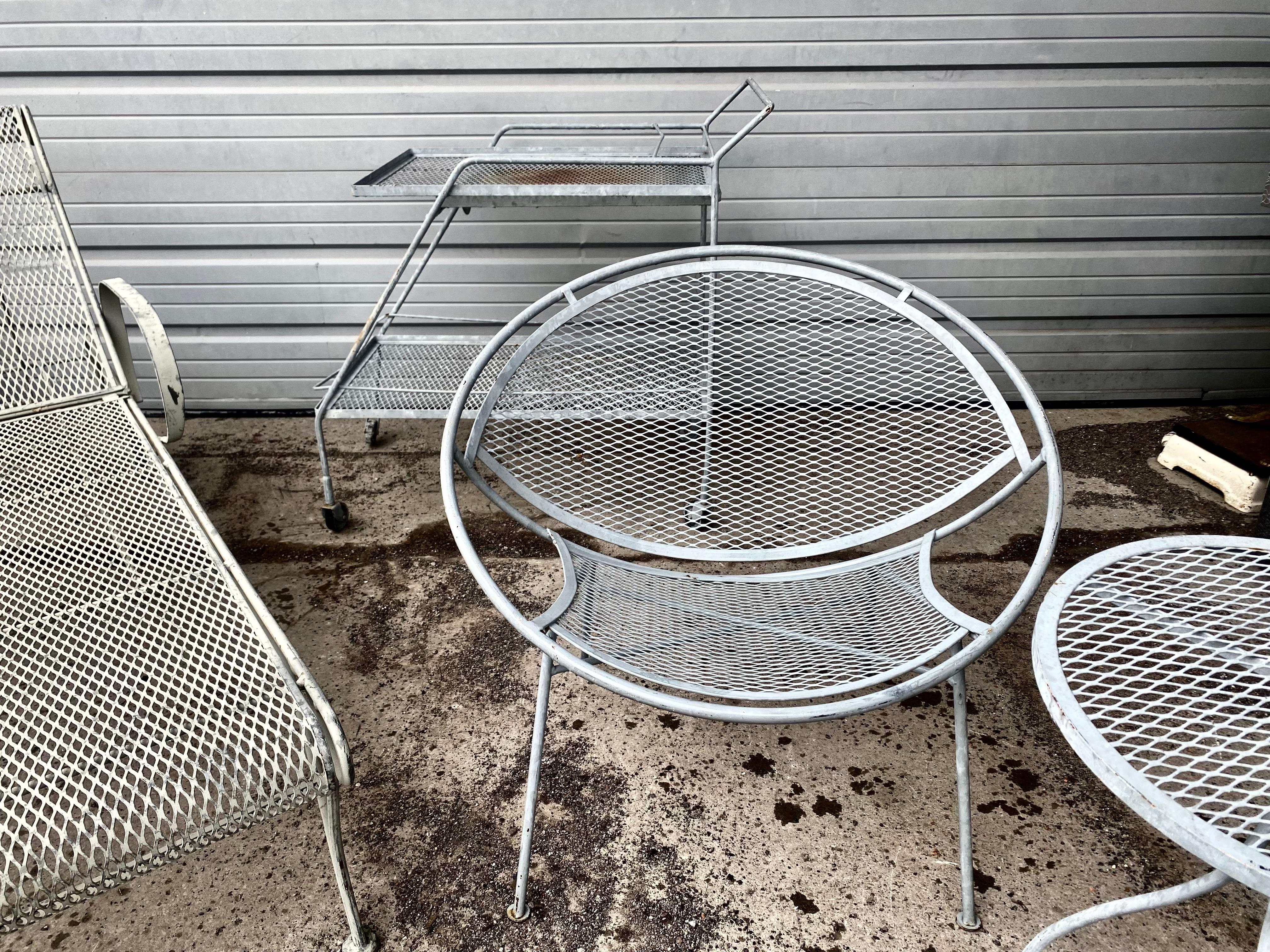 Wrought Iron 5 Piece's Salterini / Tempestini Garden Furnishings.Radar Chairs, Chaise, Cart For Sale