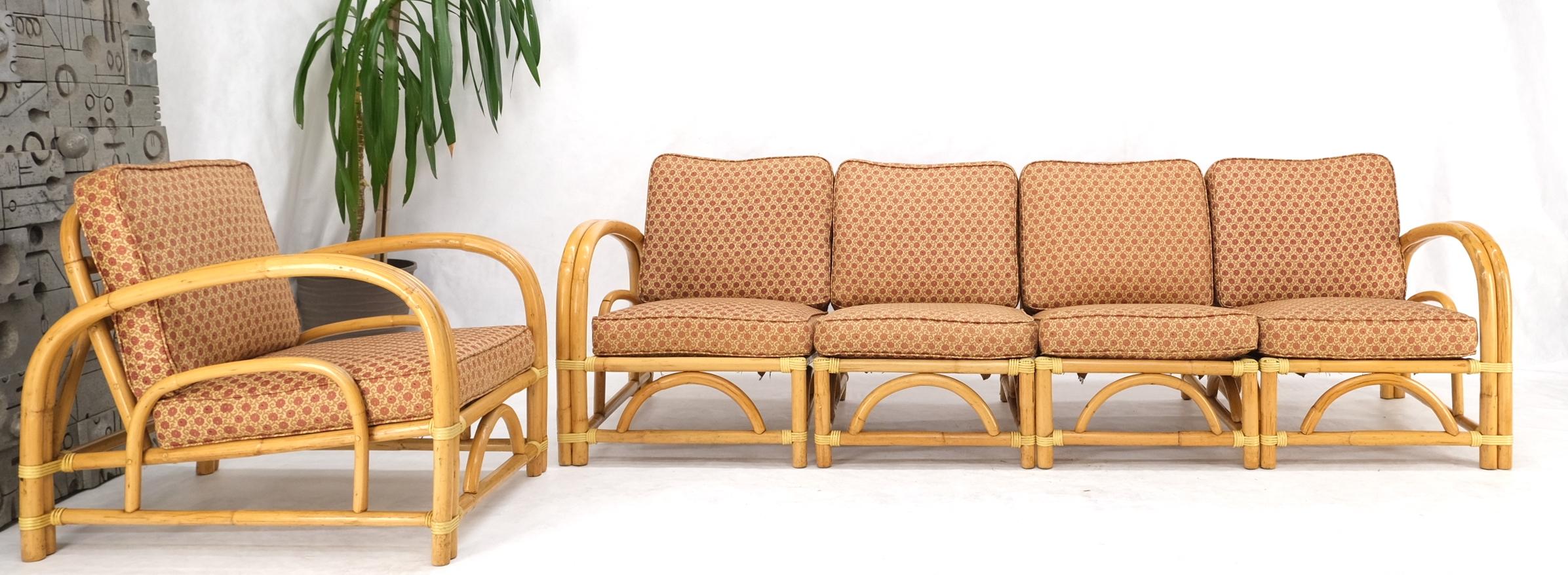 5 Pieces Set of Mid Century Rattan Bamboo Sectional Sofa & Arm Longe Chair Mint For Sale 2