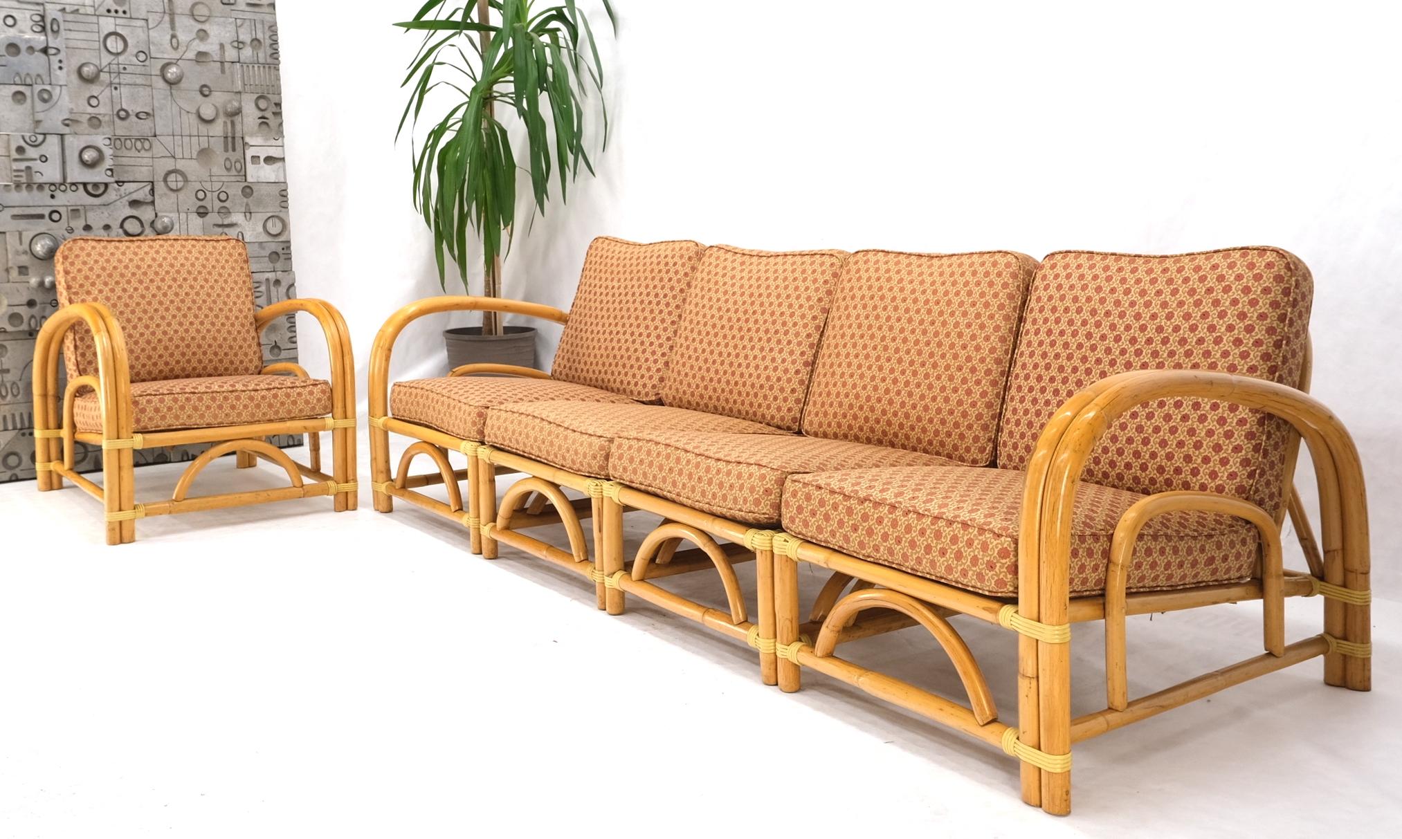5 Pieces Set of Mid Century Rattan Bamboo Sectional Sofa & Arm Longe Chair Mint For Sale 4