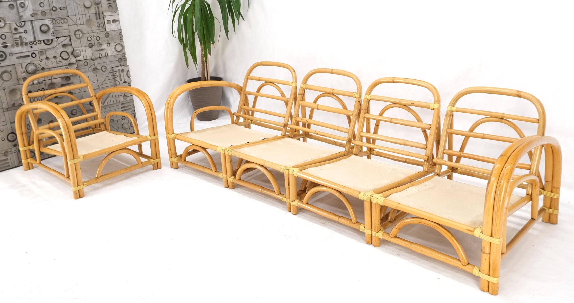 5 Pieces Set of Mid Century Rattan Bamboo Sectional Sofa & Arm Longe Chair Mint For Sale 5