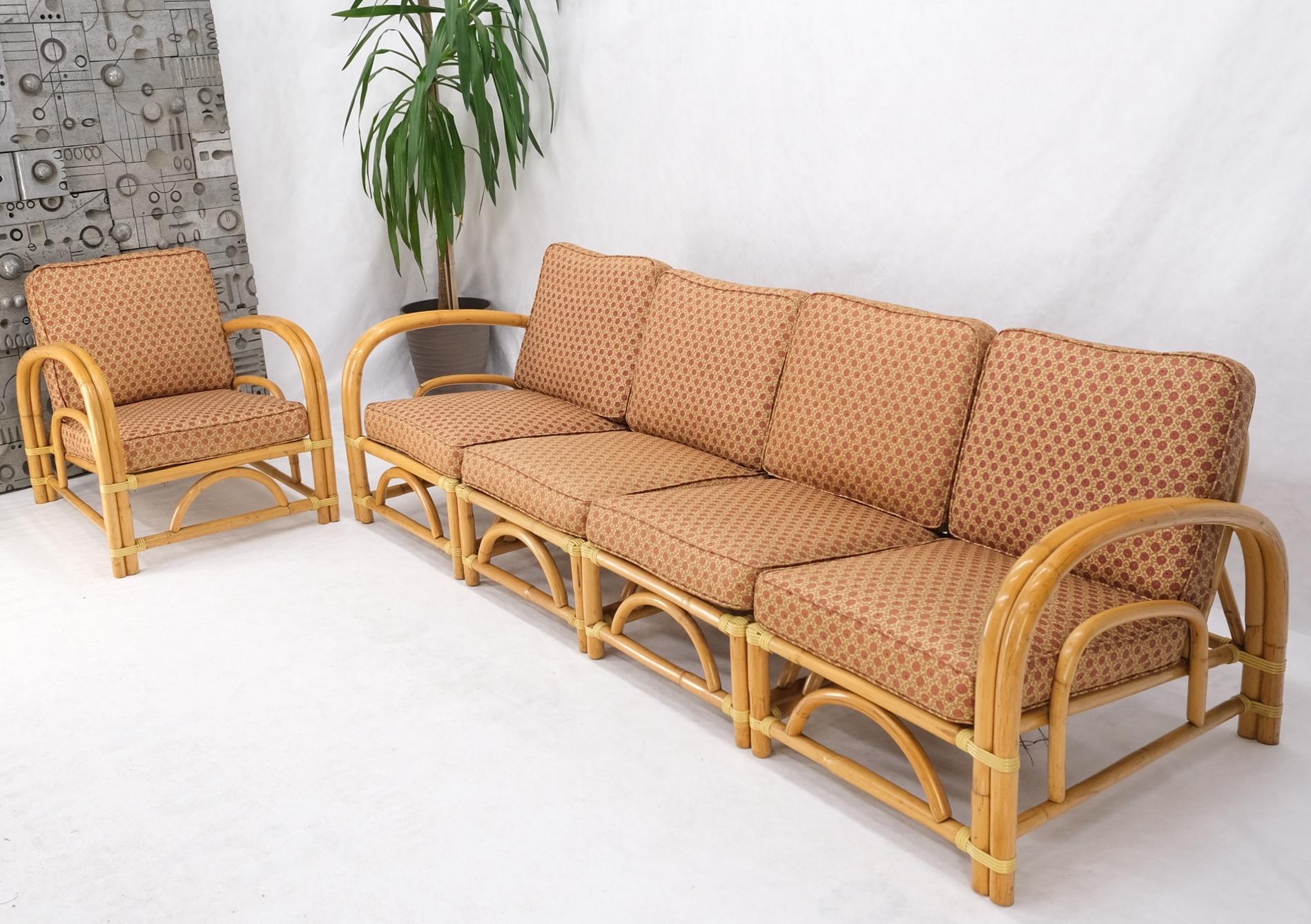 5 Pieces Set of Mid Century Rattan Bamboo Sectional Sofa & Arm Longe Chair Mint For Sale 6