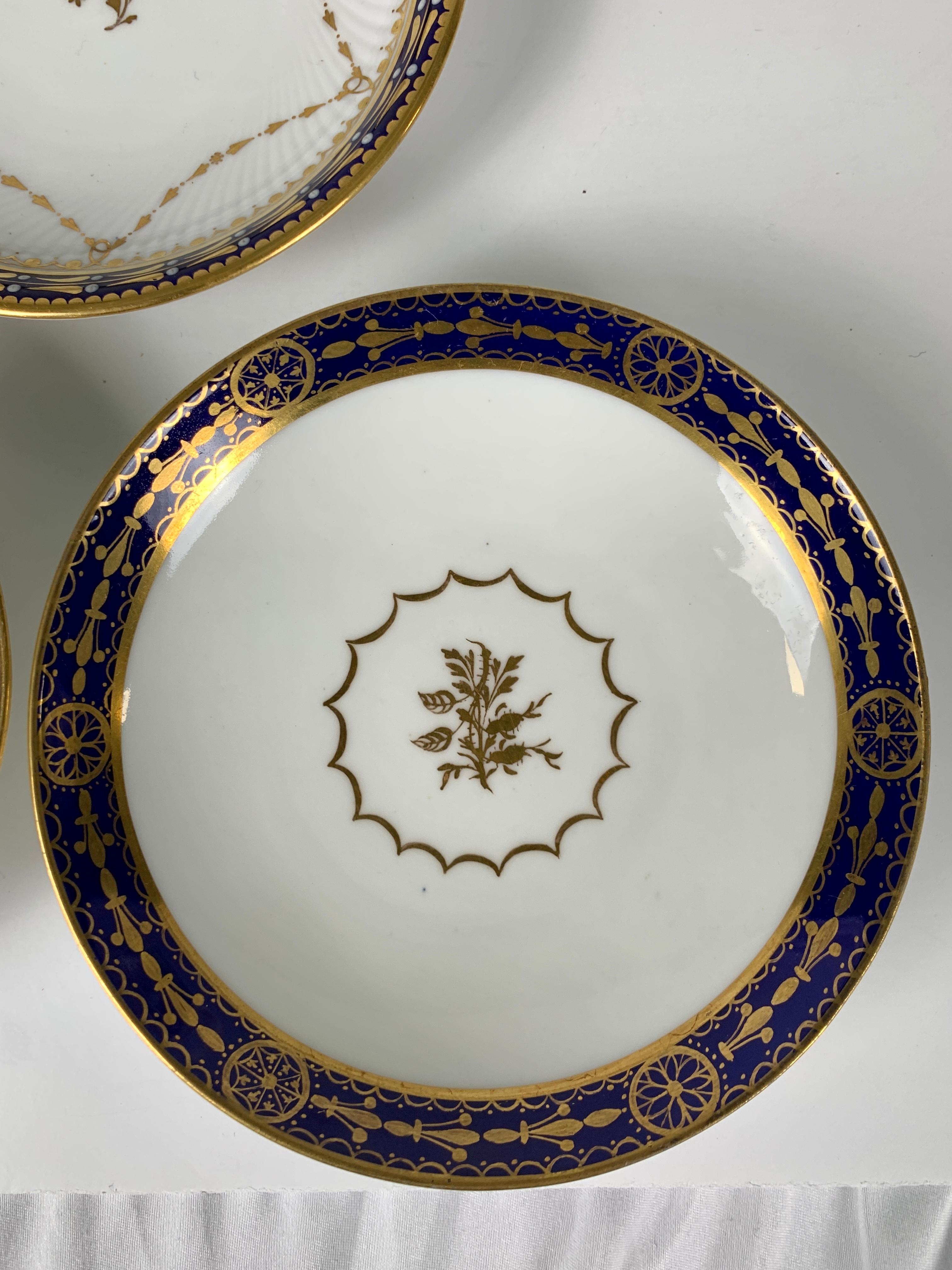 English Six Porcelain Saucers with Cobalt Blue Borders Made England 19th Century For Sale