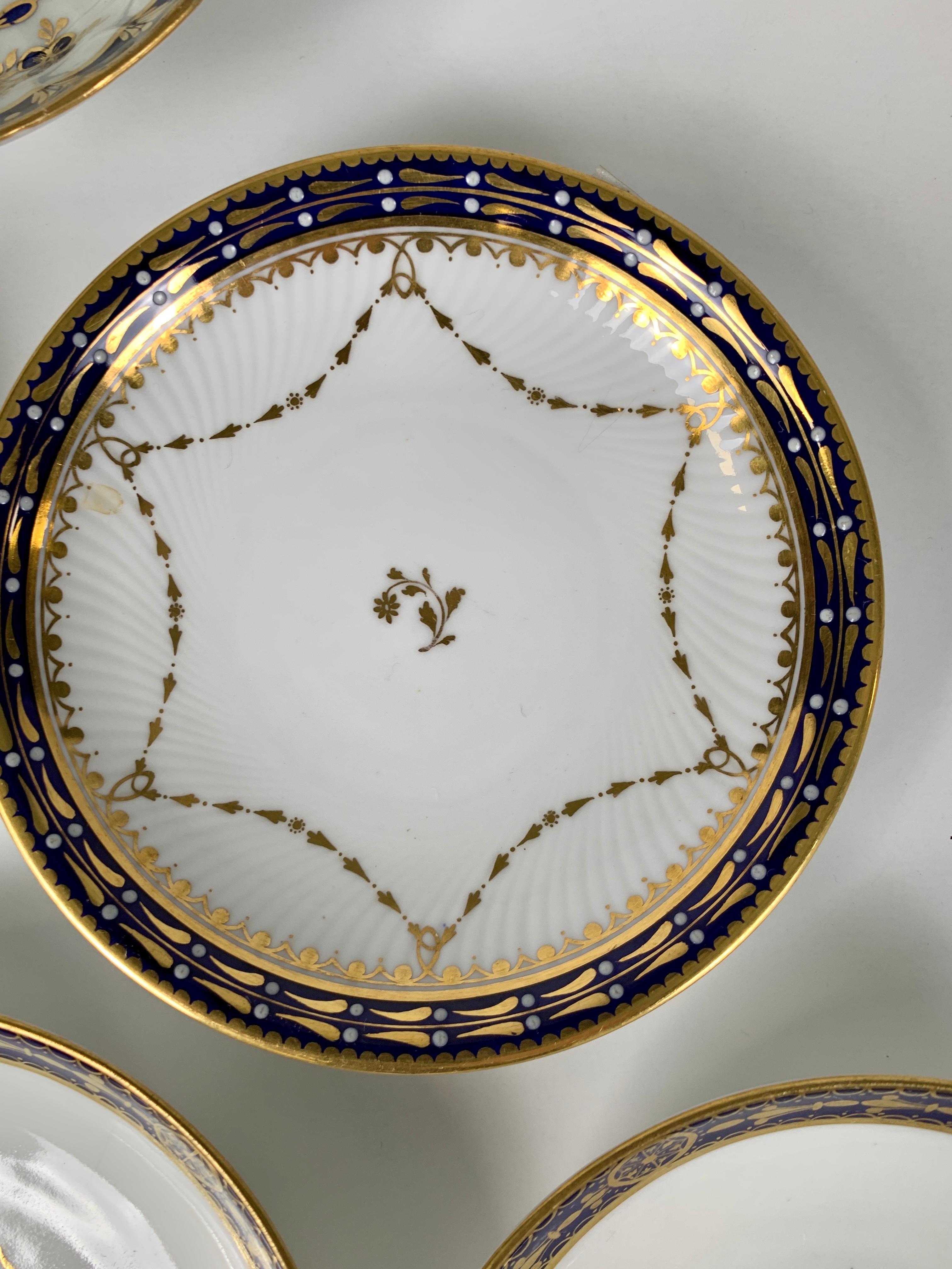 Hand-Painted Six Porcelain Saucers with Cobalt Blue Borders Made England 19th Century For Sale