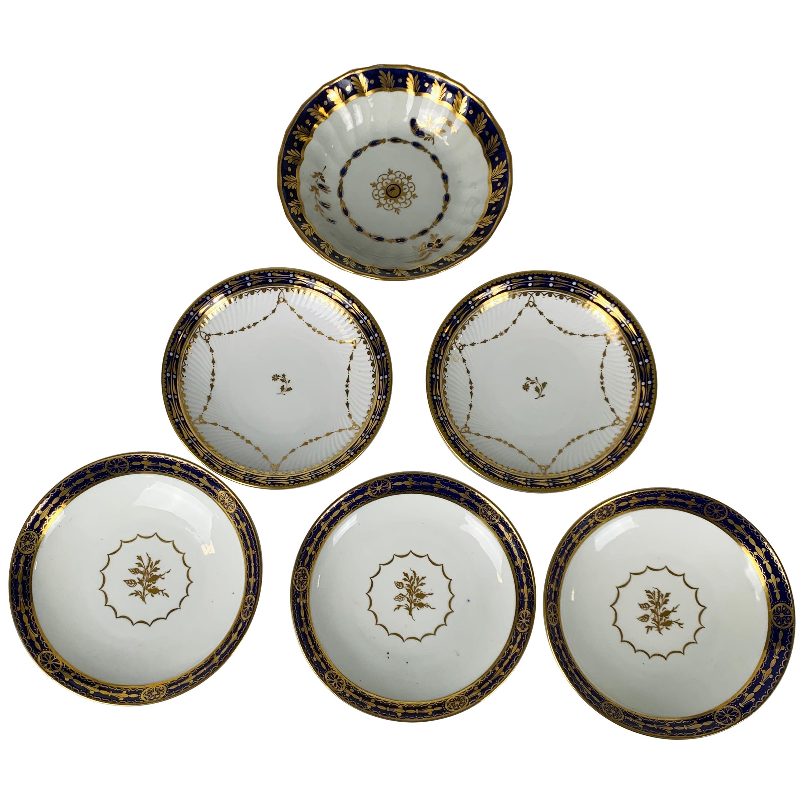 Six Porcelain Saucers with Cobalt Blue Borders Made England 19th Century For Sale