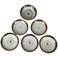 Antique Six Porcelain Saucers with Cobalt Blue Borders Made England 19th Century