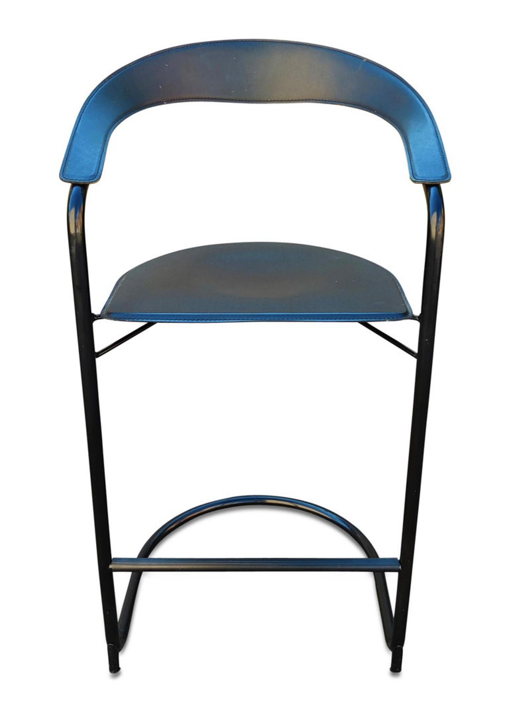 Vintage Post-Modern set of five 'Canasta' high by Arrben of Italy, in stitched thick saddle-leather mounted on enameled tubular steel frames. Notice how the seats defy gravity with no vertical connections to the back or the ground - so cool! Leather