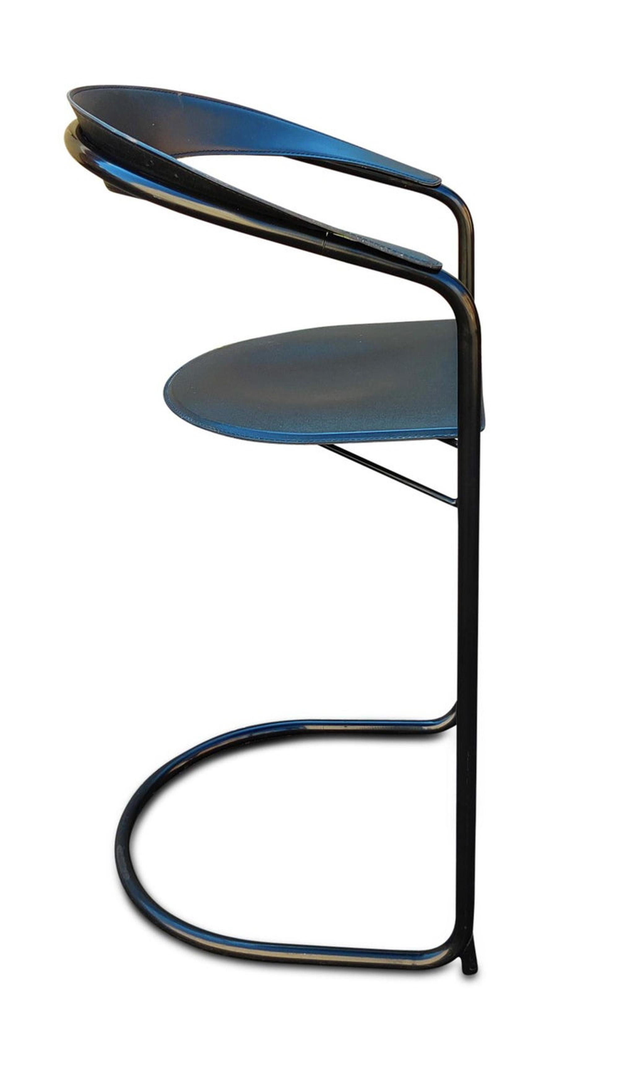 5 Post-Modern Arrben Italy 'Canasta' Bar Stools Leather Enameled Tubular Steel In Good Condition In Philadelphia, PA