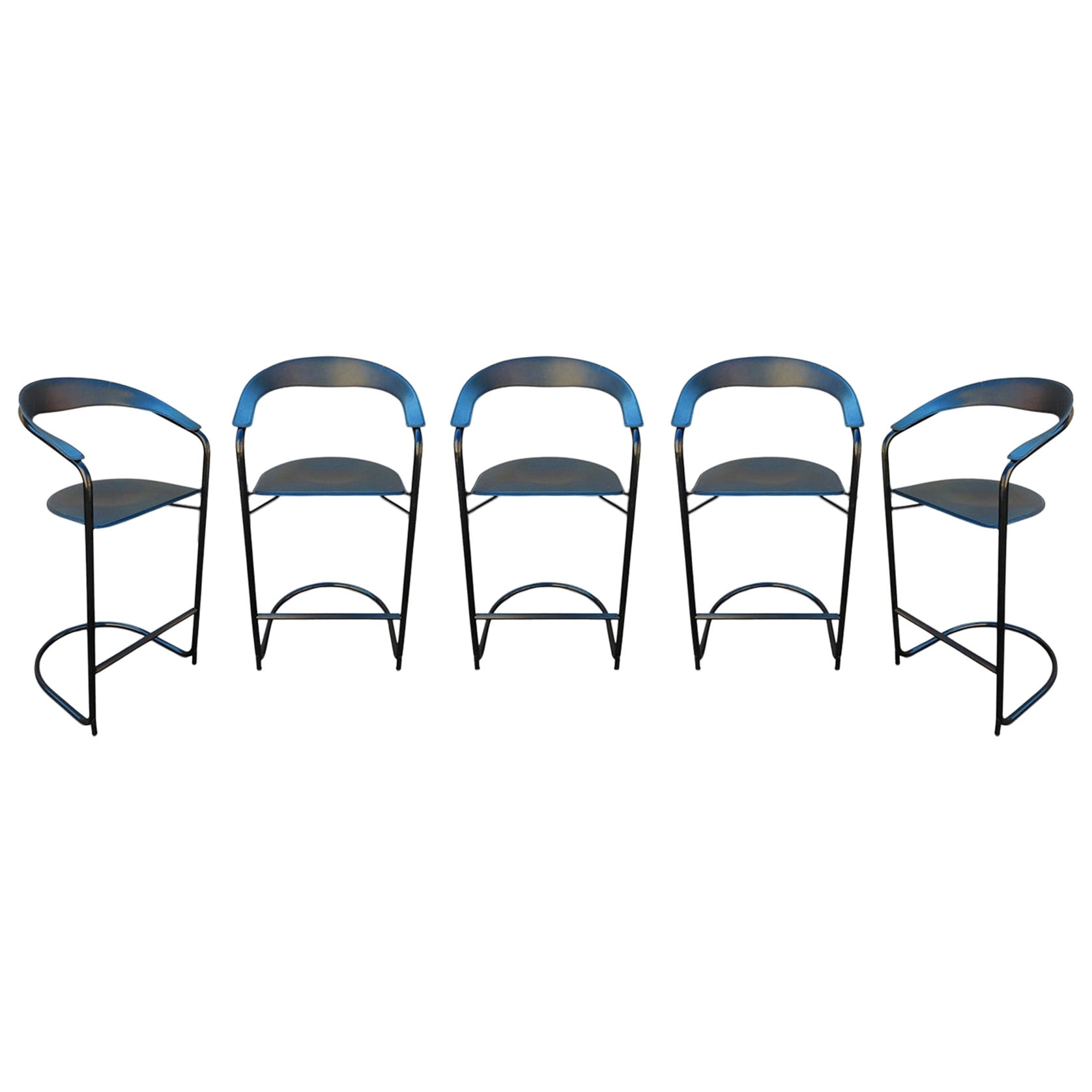 5 Post-Modern Arrben Italy 'Canasta' Bar Stools Leather Enameled Tubular Steel