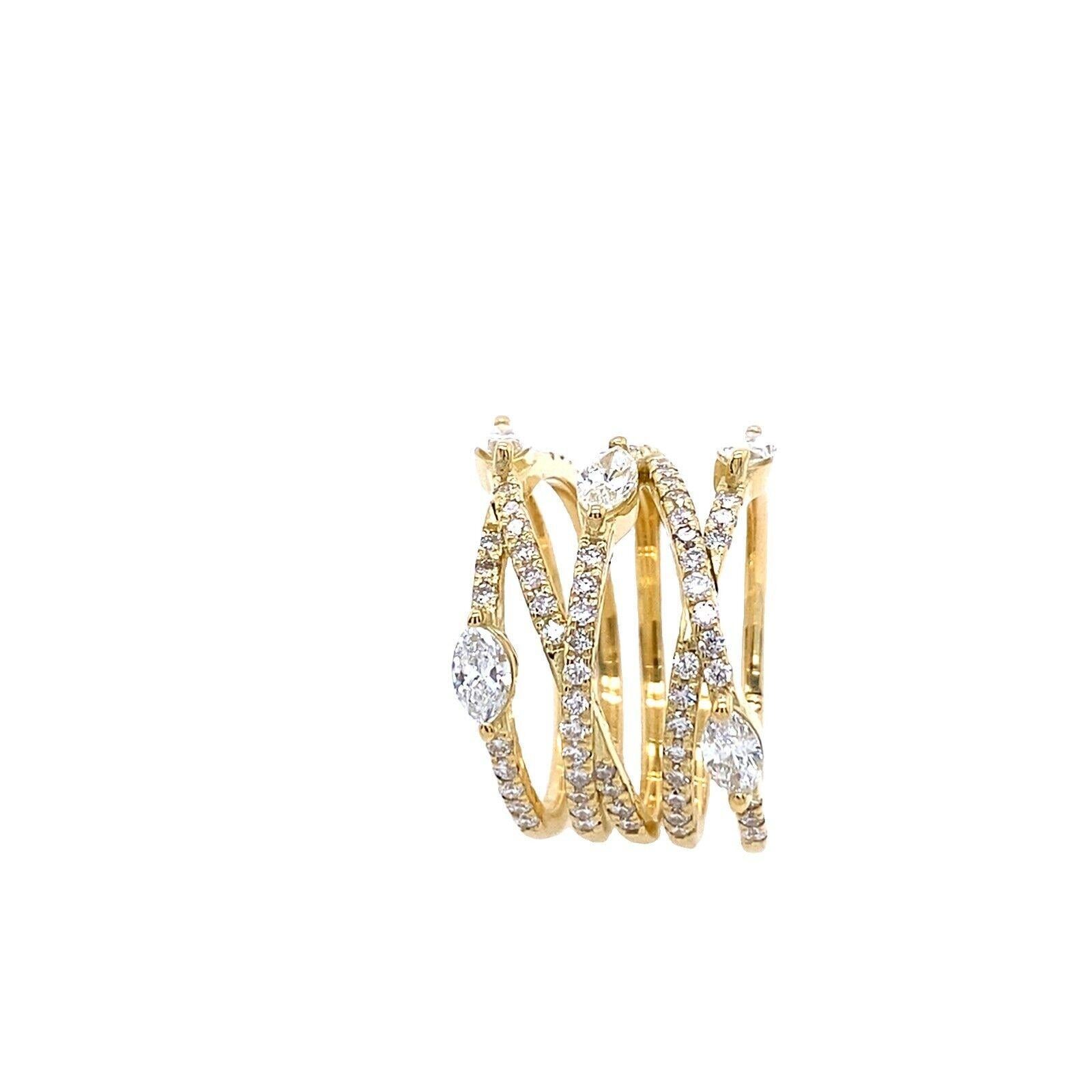 An exquisite diamond design 5-row dress ring crisscross,
in an 18ct yellow gold band, is set with a total of 1.60ct diamonds. 
The band features 5 marquise cut diamonds & 72 round cut diamonds. 
Brand New Made by Jewellery Cave.
Total Diamond