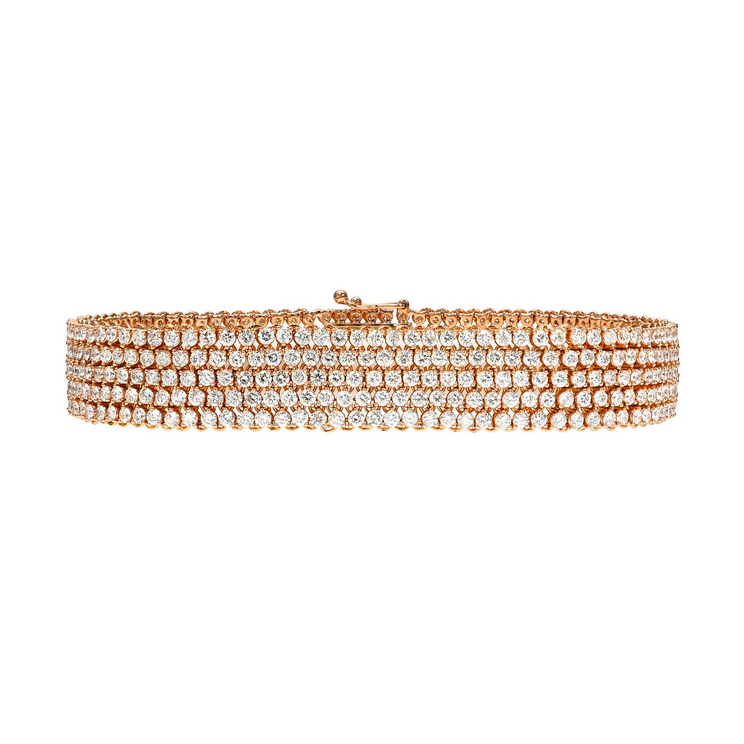 Contemporary 5-Row 18K Rose Gold Diamond Tennis Bracelet – 9.53 Carats of Luxury & Brilliance For Sale