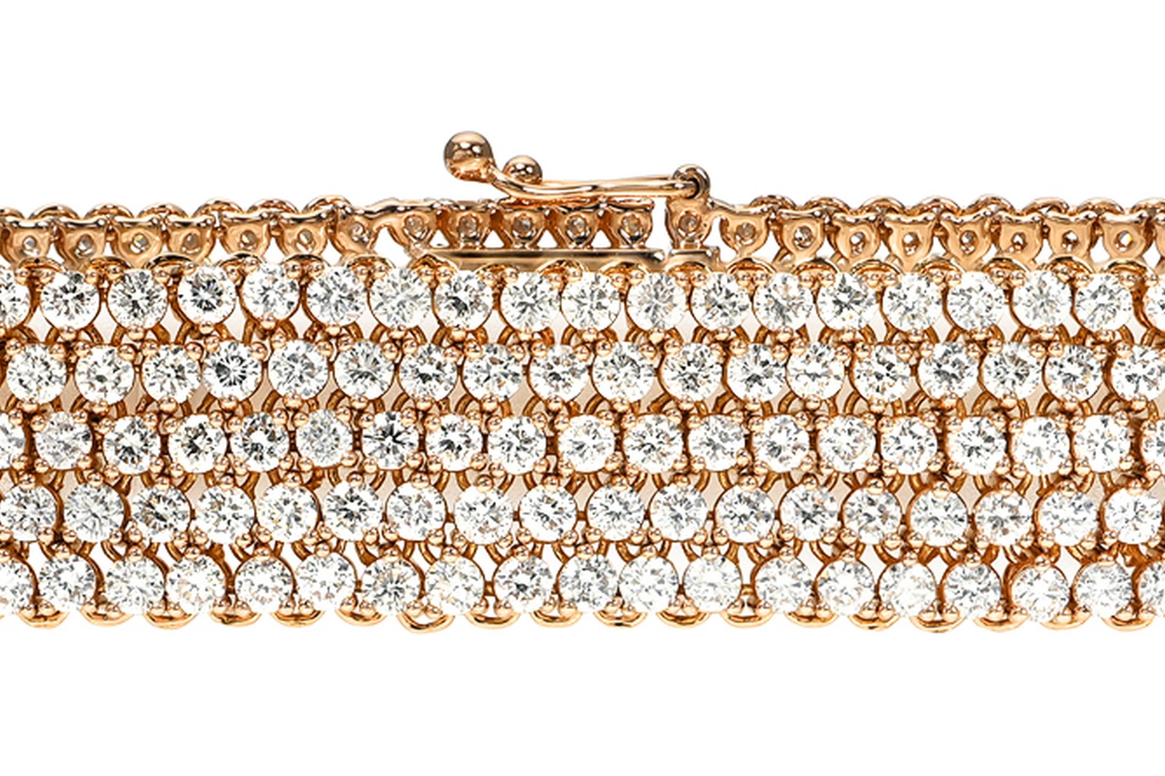 Donna Bracciale tennis con diamanti a 5 file in oro rosa 18 carati - 9,53 carati di lusso e brillantezza in vendita