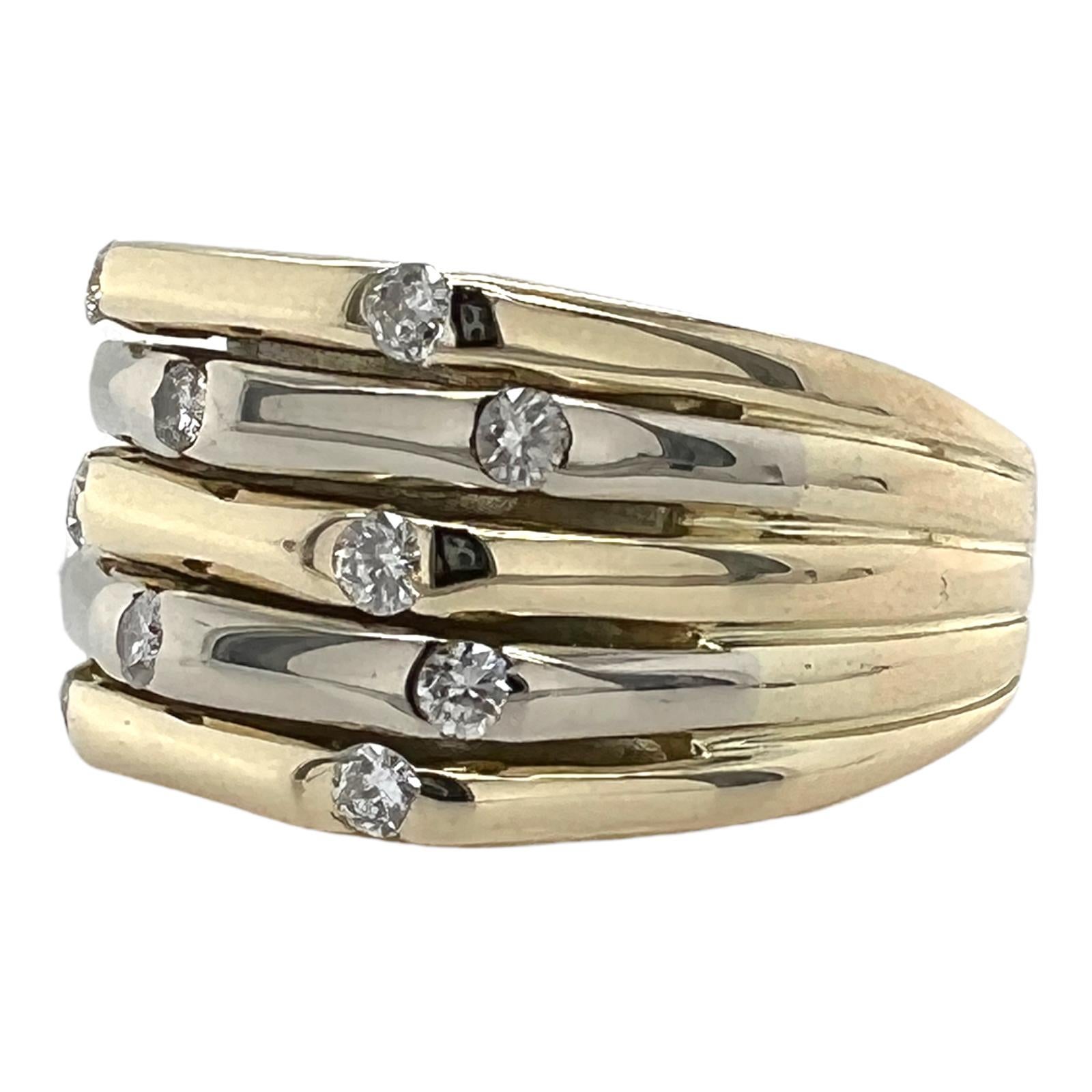 Round Cut 5 Row Diamond 14 Karat Yellow & White Gold Band Ring Stack Two Tone Gold