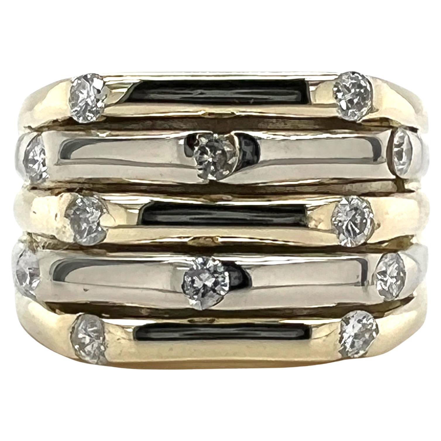 5 Row Diamond 14 Karat Yellow & White Gold Band Ring Stack Two Tone Gold