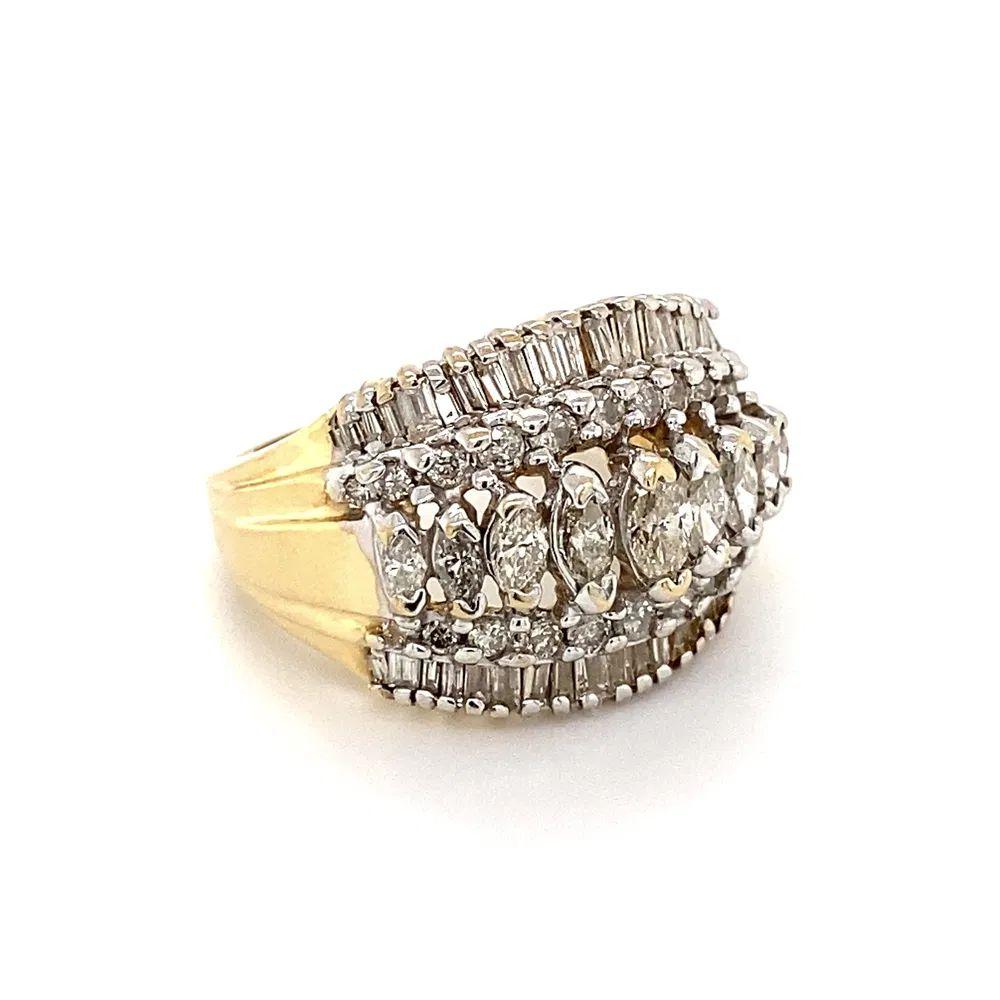 Simply Beautiful! Striking and Finely detailed 5 Row Diamond Gold Dome Cluster Ring. Securely Hand set with Diamonds, weighing approx. 1.45tcw. Measuring approx. 1.09” l x 0.92” w x 0.65” h. Hand crafted in 14 Karat Yellow Gold. Ring size 7, we