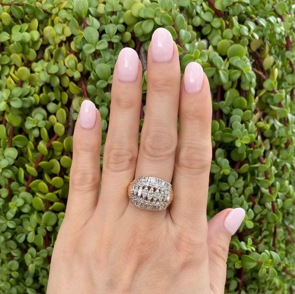 Modernist 5 Row Diamond Gold Dome Vintage Cluster Ring For Sale