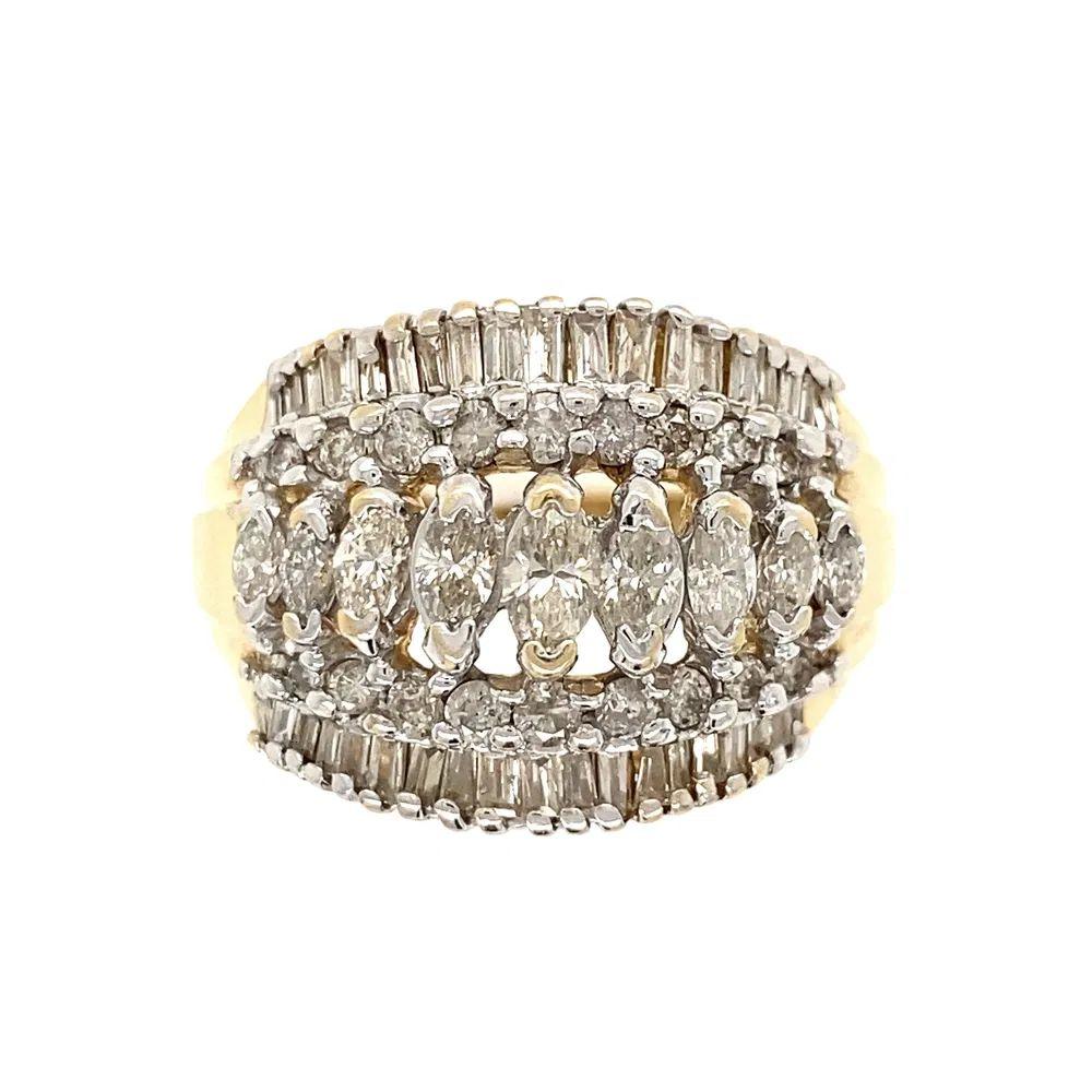 Mixed Cut 5 Row Diamond Gold Dome Vintage Cluster Ring For Sale