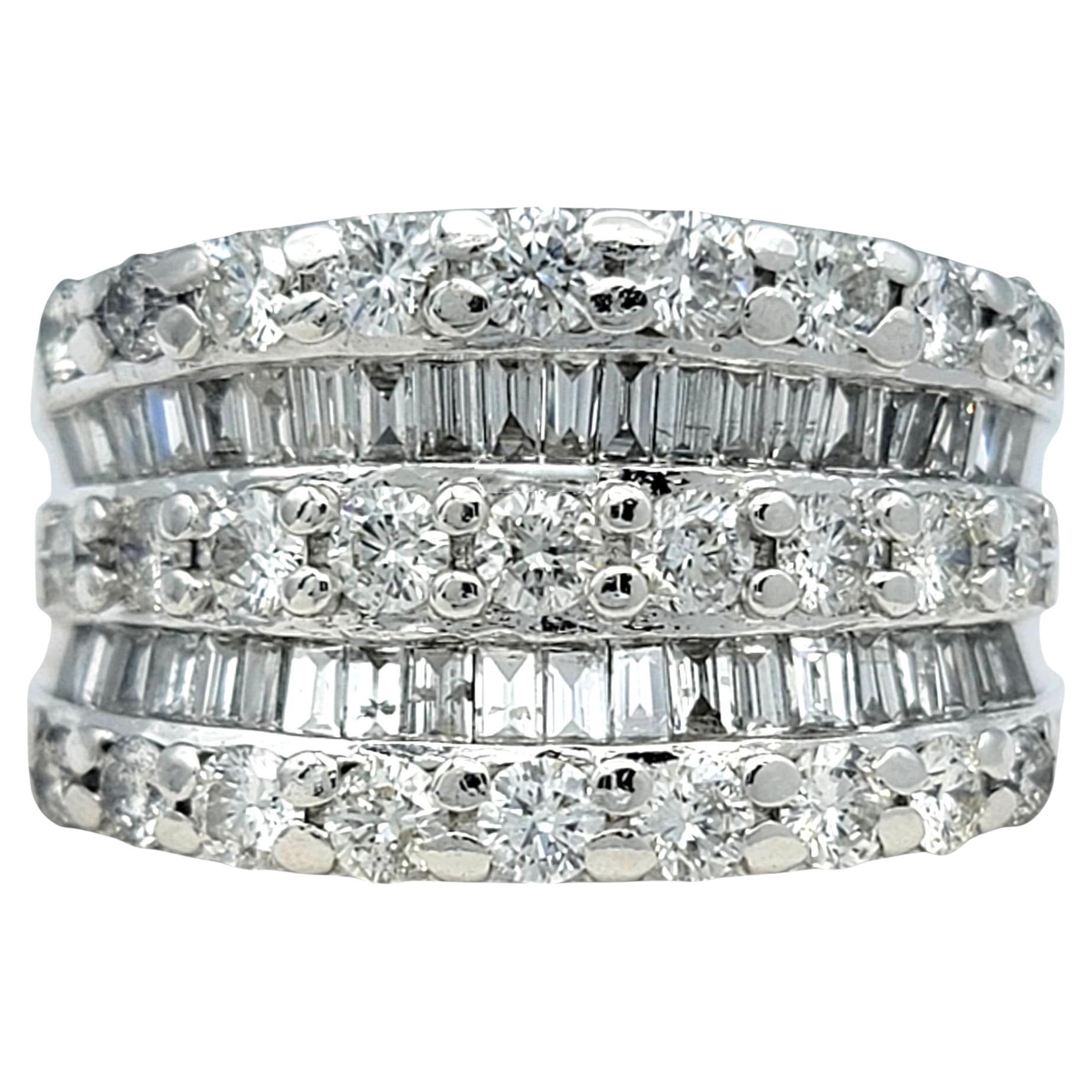 5 Row Round and Baguette Diamond Band Ring in 14 Karat White Gold