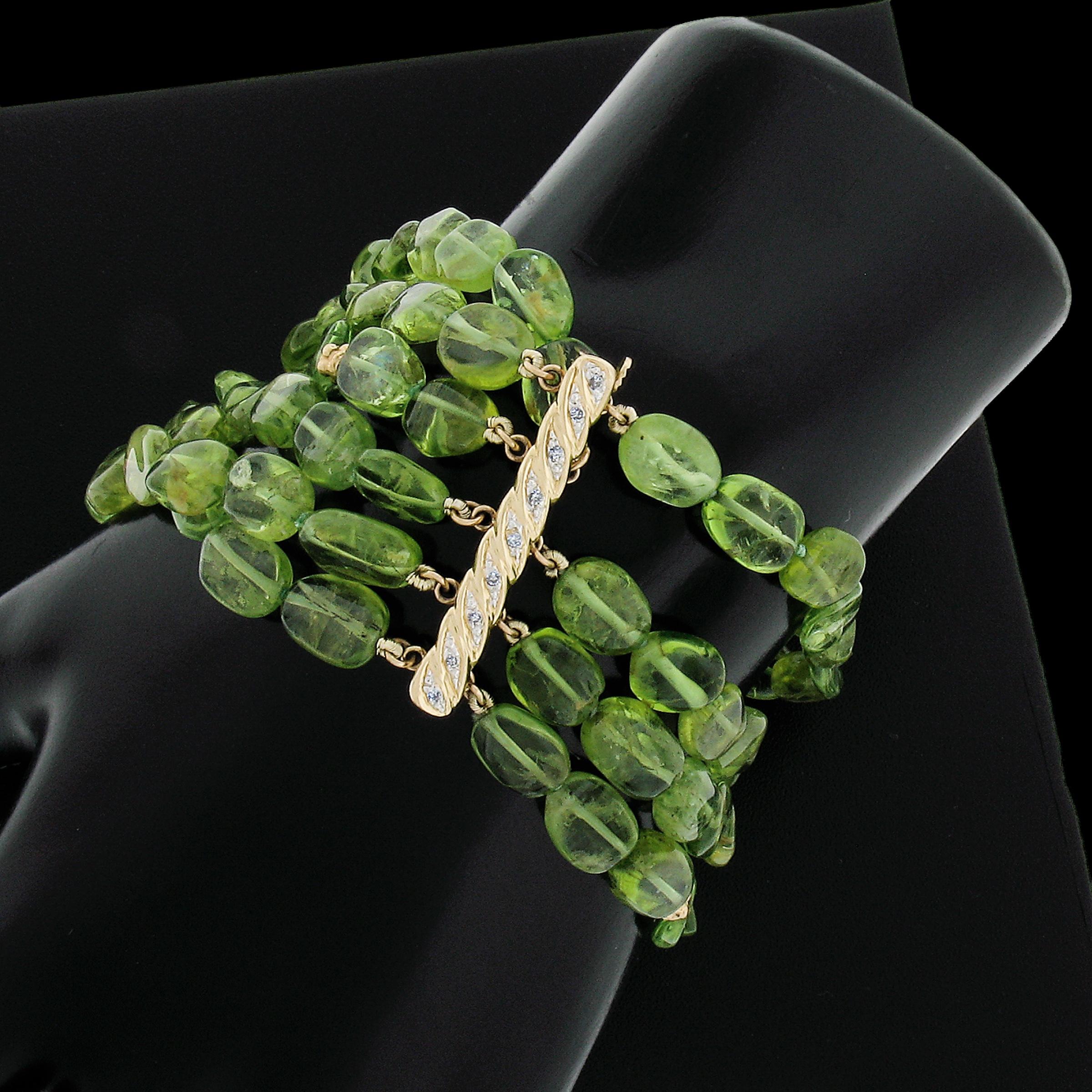 5 Row Strand 200ctw Tumbled Peridot Bracelet & 14k Gold Round Pave Diamond Clasp In Good Condition In Montclair, NJ