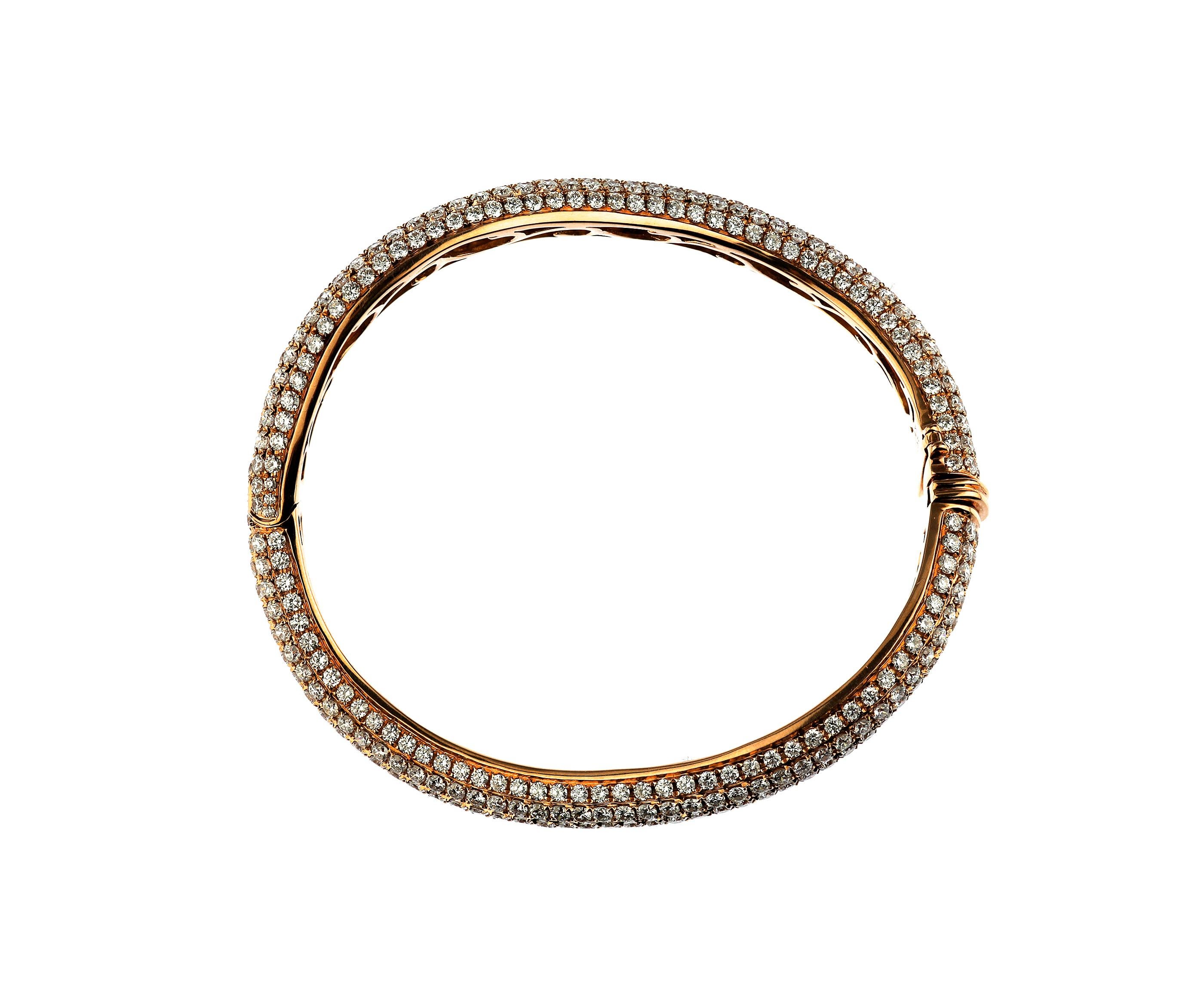 Round Cut 5 Row Pave Diamond Bangle of 9.7cts set in 18ct Rose Gold For Sale