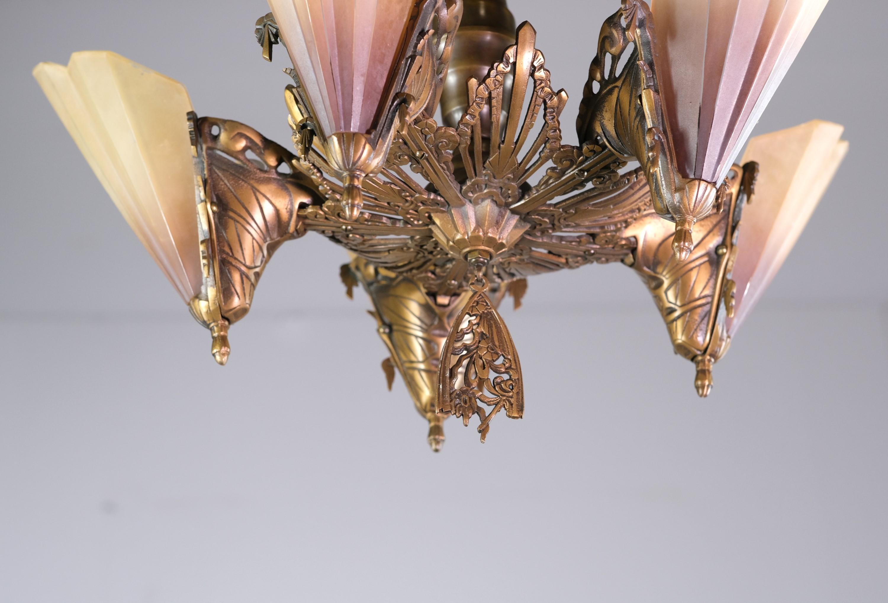 Slip Shade Art Deco Bronze Chandelier Floral Motif 5 Lights 3