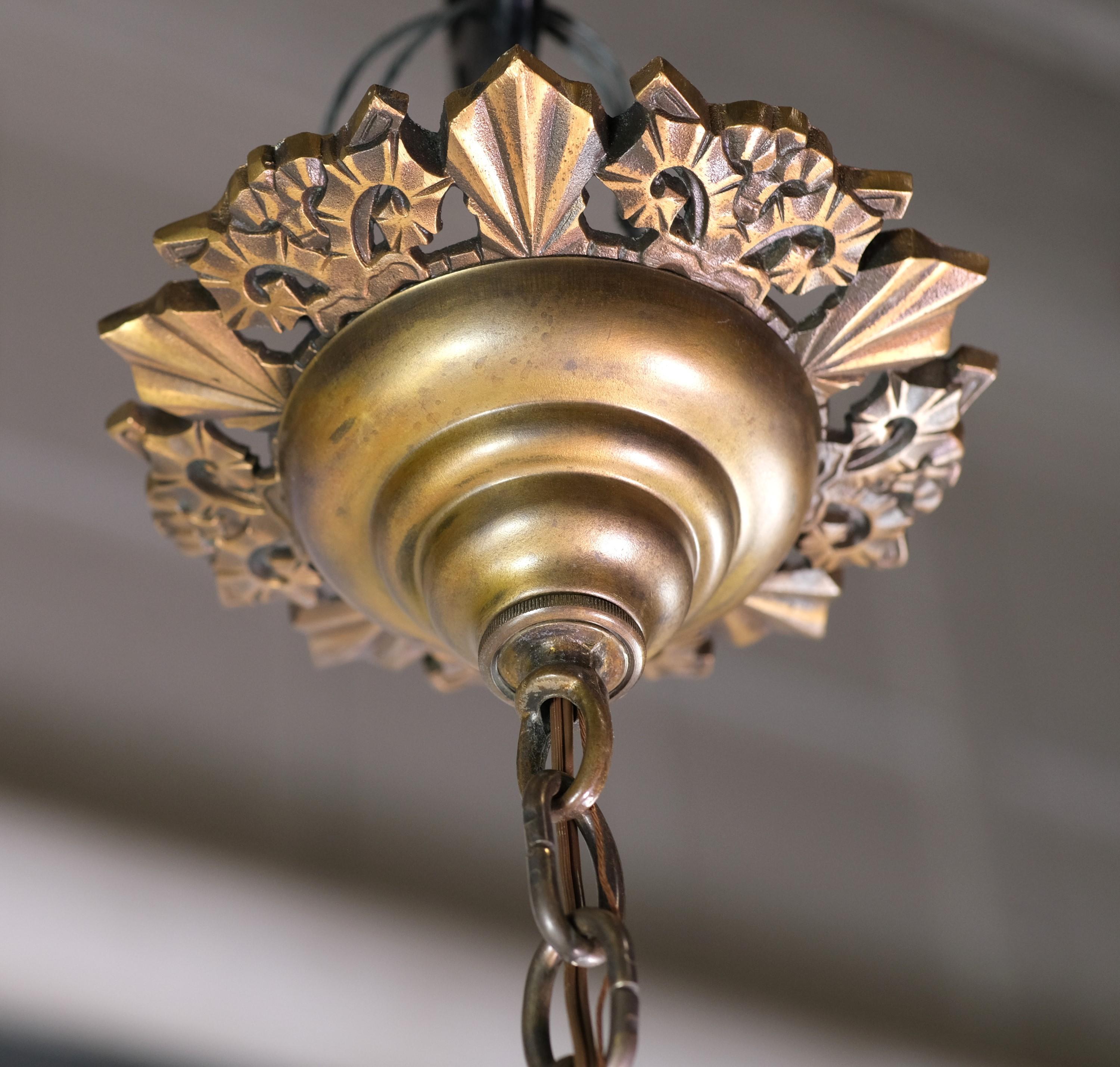 20th Century Slip Shade Art Deco Bronze Chandelier Floral Motif 5 Lights