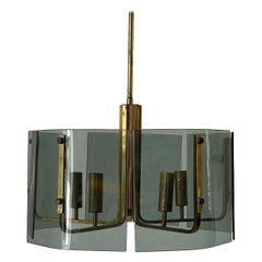 Lampadario a 5 prese in vetro grigio e ottone, anni '60, Italia
