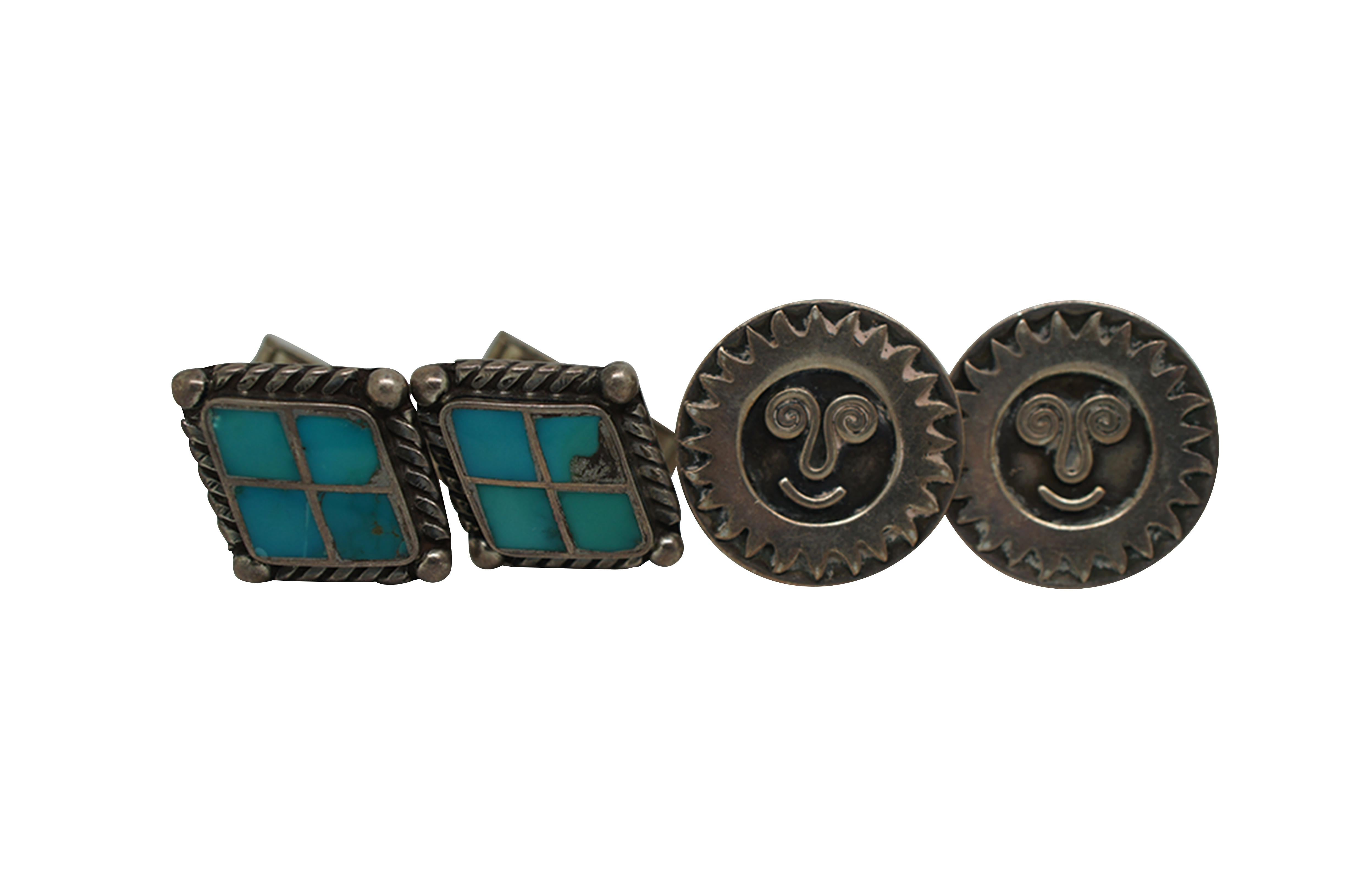 Lot of 5 pairs of vintage sterling silver cufflinks, primarily featuring Southwest or Mexican styling. Lot includes: smiling suns by Hogan Bolas; diamonds inlaid with turquoise / enamel; roadrunners with inlaid turquoise / enamel; cowboy / Stetson